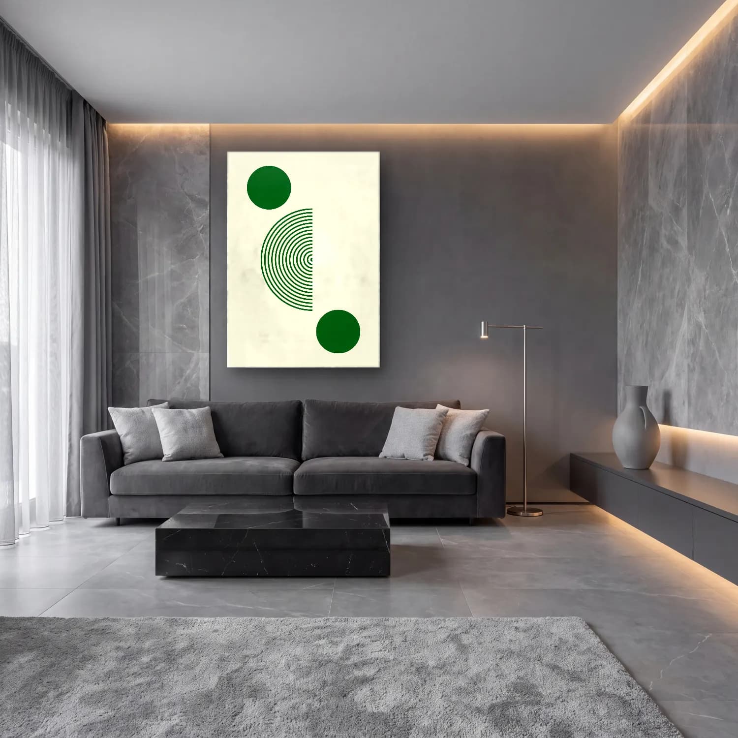 Bauhaus Geometrik Daireler No. 11 cam tablo — lüks salon duvarında