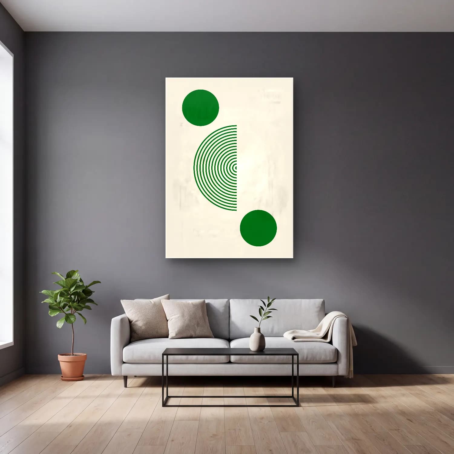 Bauhaus Geometrik Daireler No. 11 cam tablo — gri duvarlı salonda