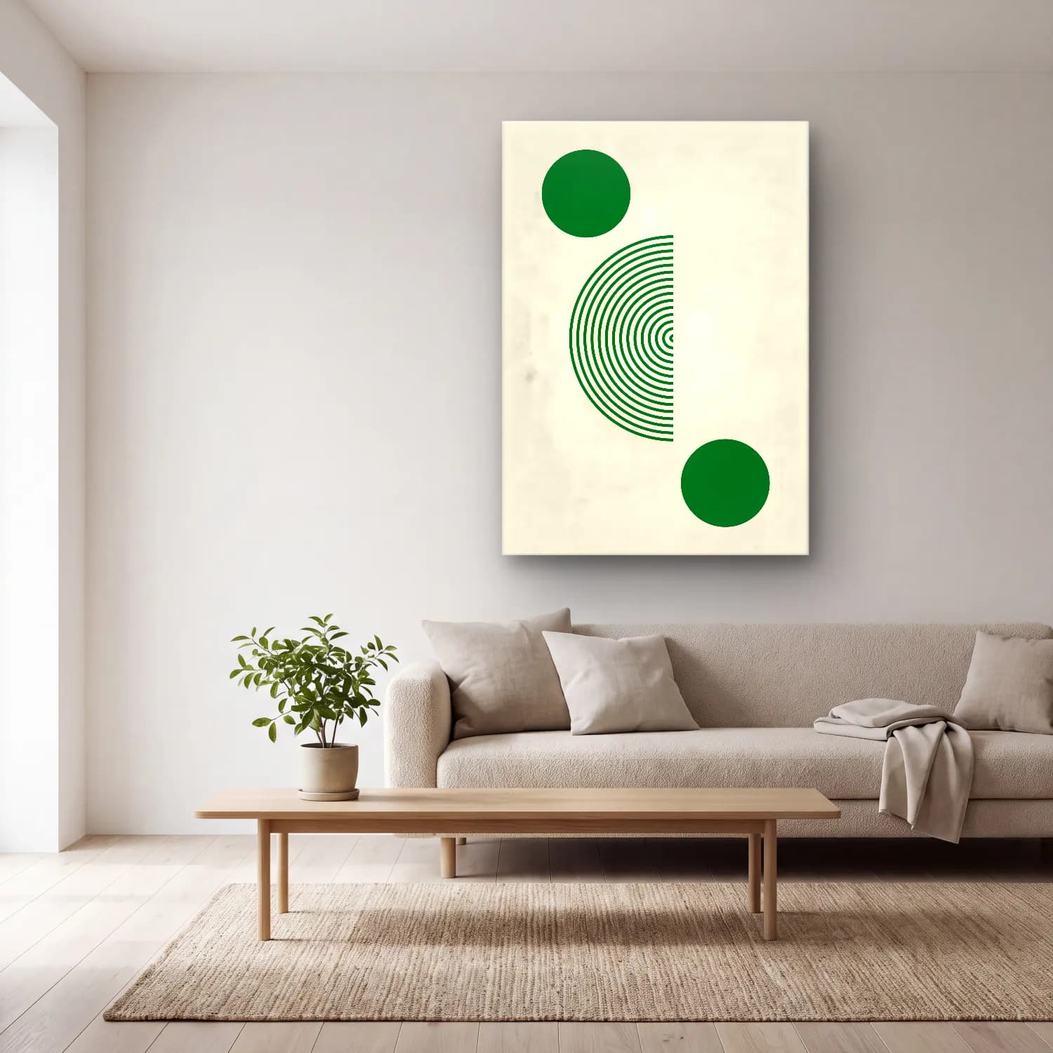 Bauhaus Geometrik Daireler No. 11 cam tablo — açık renk salonda