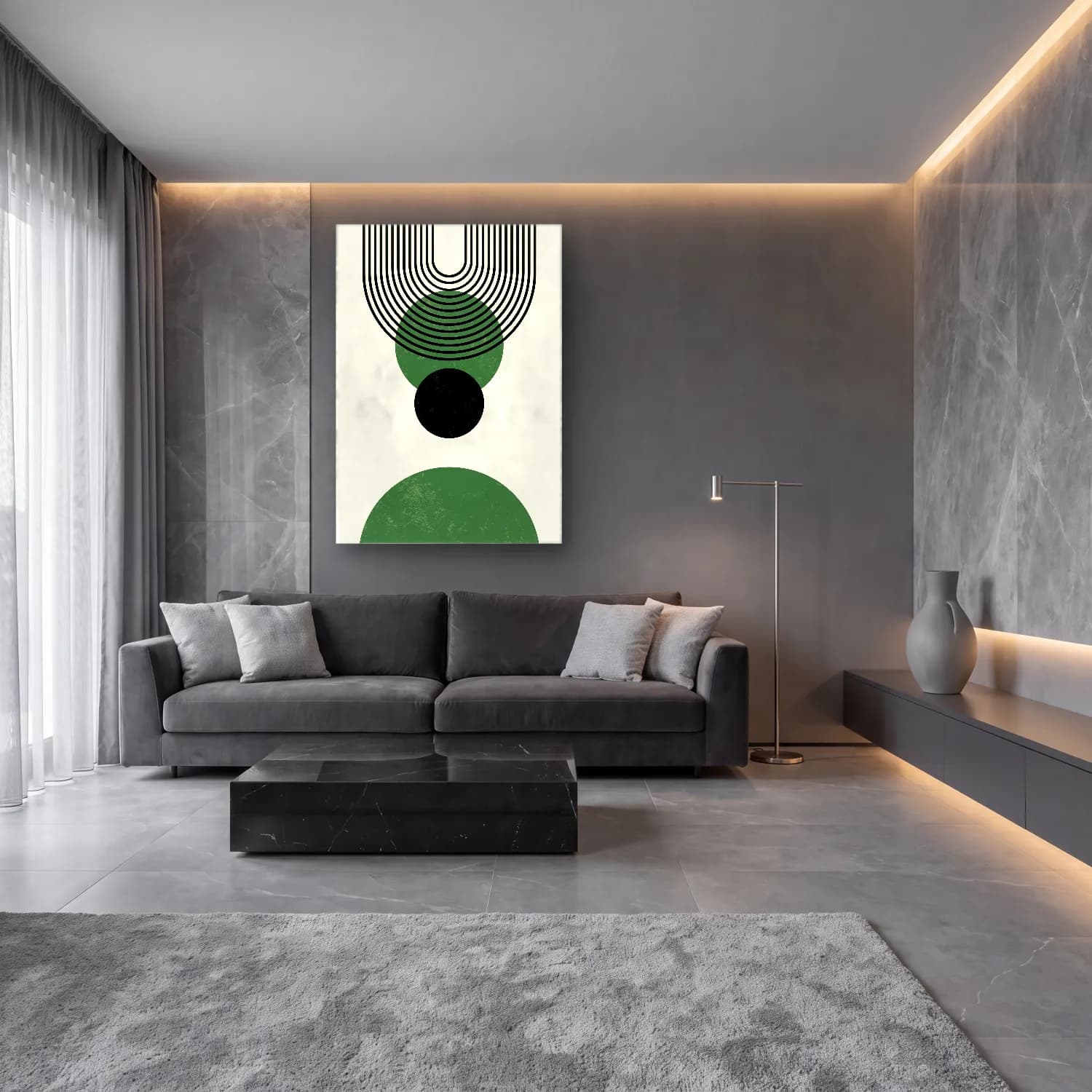 Bauhaus Geometrik Daireler No. 13 cam tablo — lüks salon duvarında