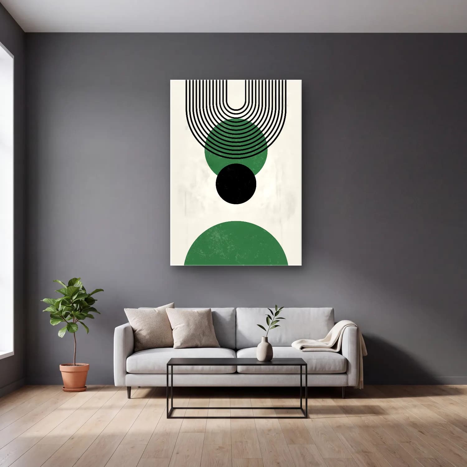 Bauhaus Geometrik Daireler No. 13 cam tablo — gri duvarlı salonda