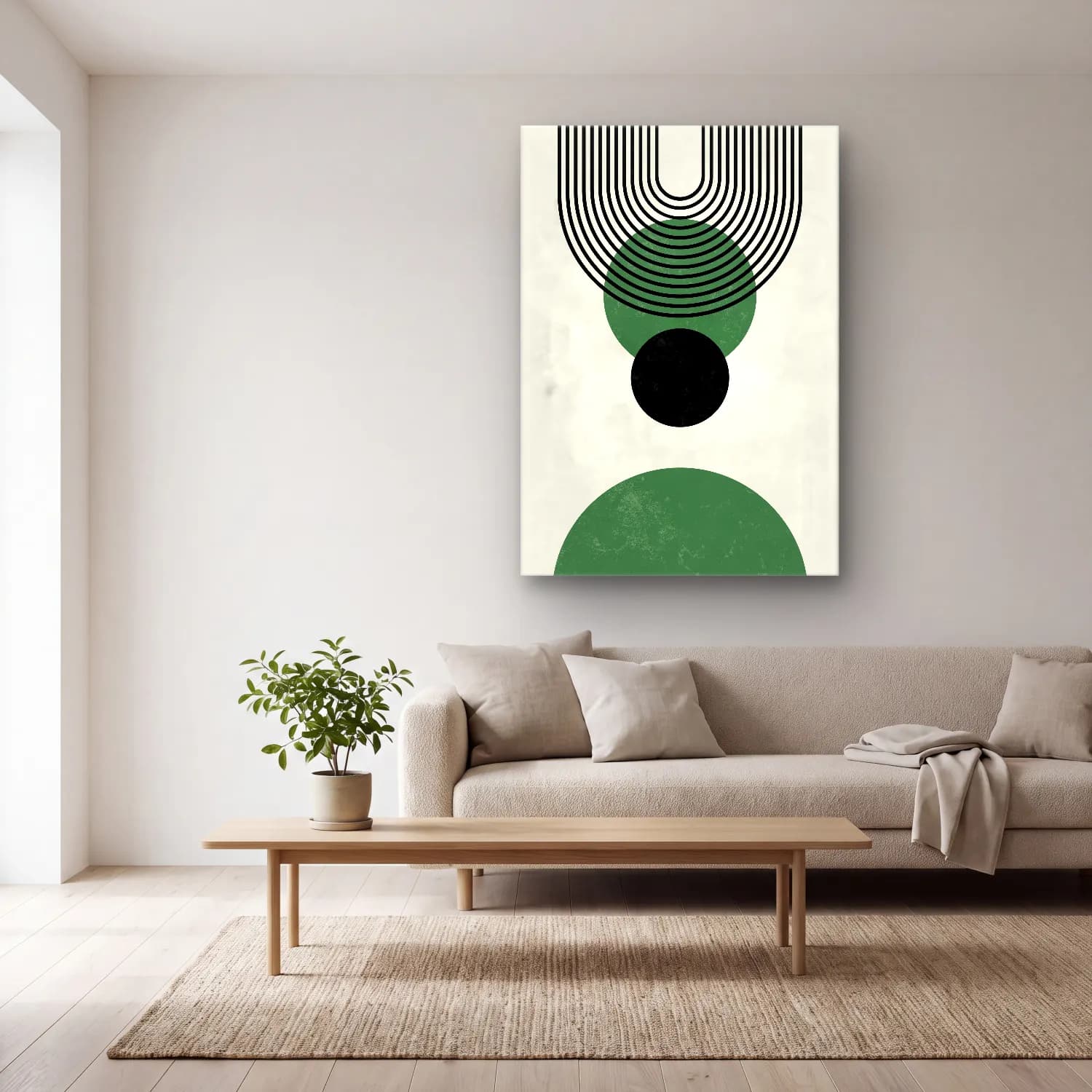 Bauhaus Geometrik Daireler No. 13 cam tablo — açık renk salonda