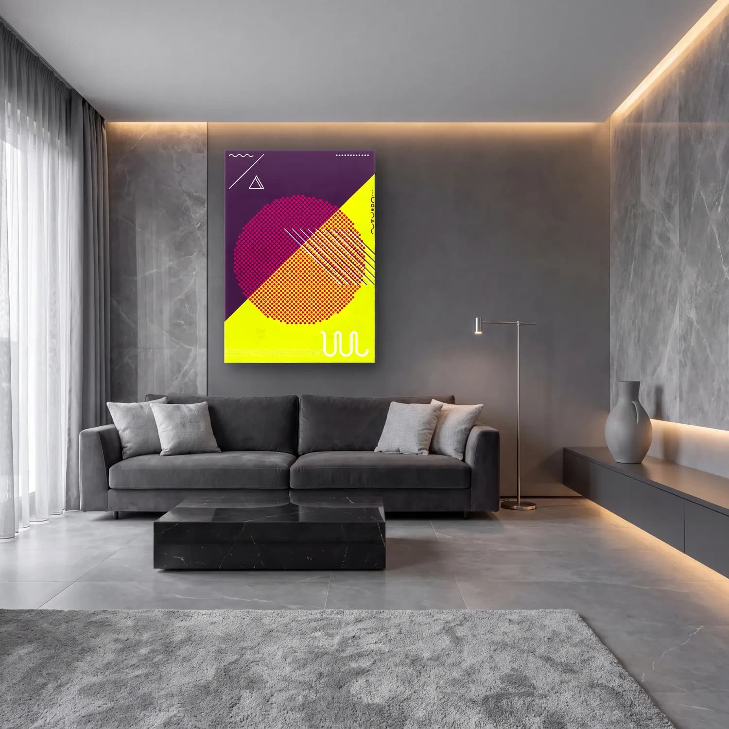 Bauhaus Geometrik Daireler – Mor Tonlar cam tablo — lüks salon duvarında
