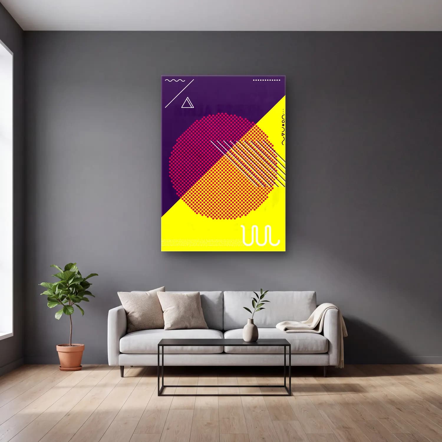 Bauhaus Geometrik Daireler – Mor Tonlar cam tablo — gri duvarlı salonda