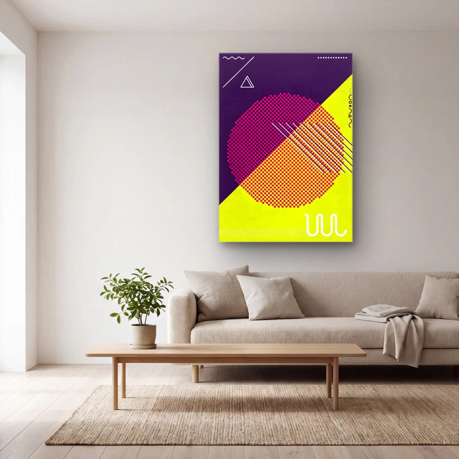 Bauhaus Geometrik Daireler – Mor Tonlar cam tablo — açık renk salonda