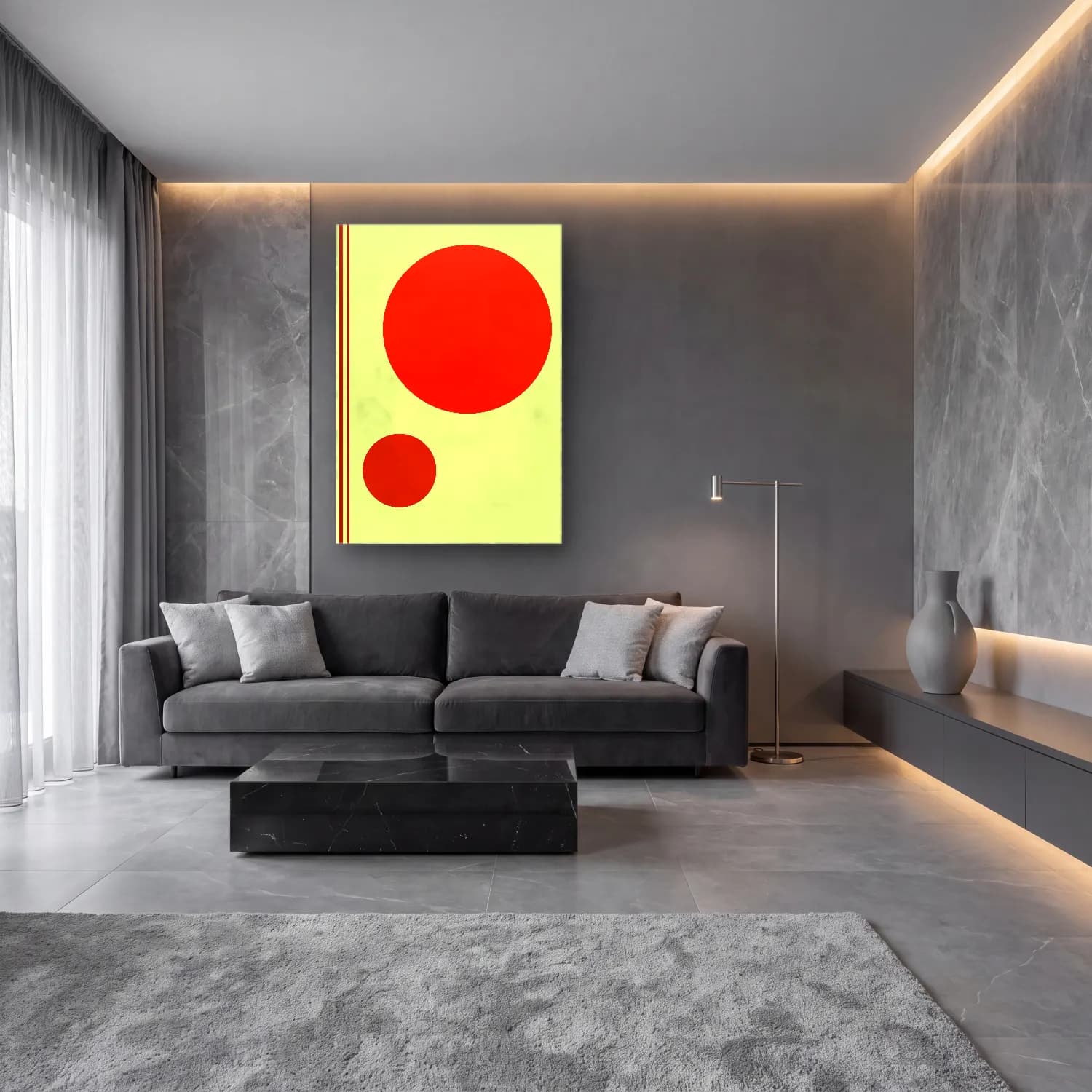 Bauhaus Geometrik Daireler – Kırmızı Tonlar cam tablo — lüks salon duvarında