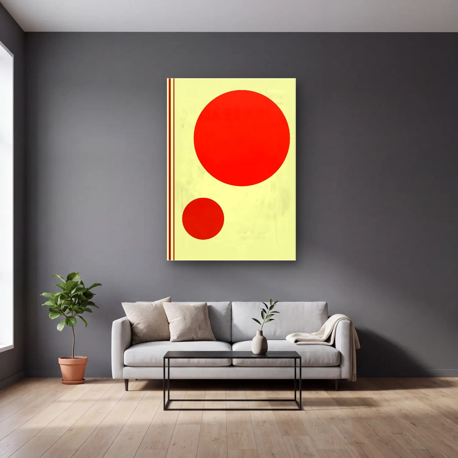 Bauhaus Geometrik Daireler – Kırmızı Tonlar cam tablo — gri duvarlı salonda