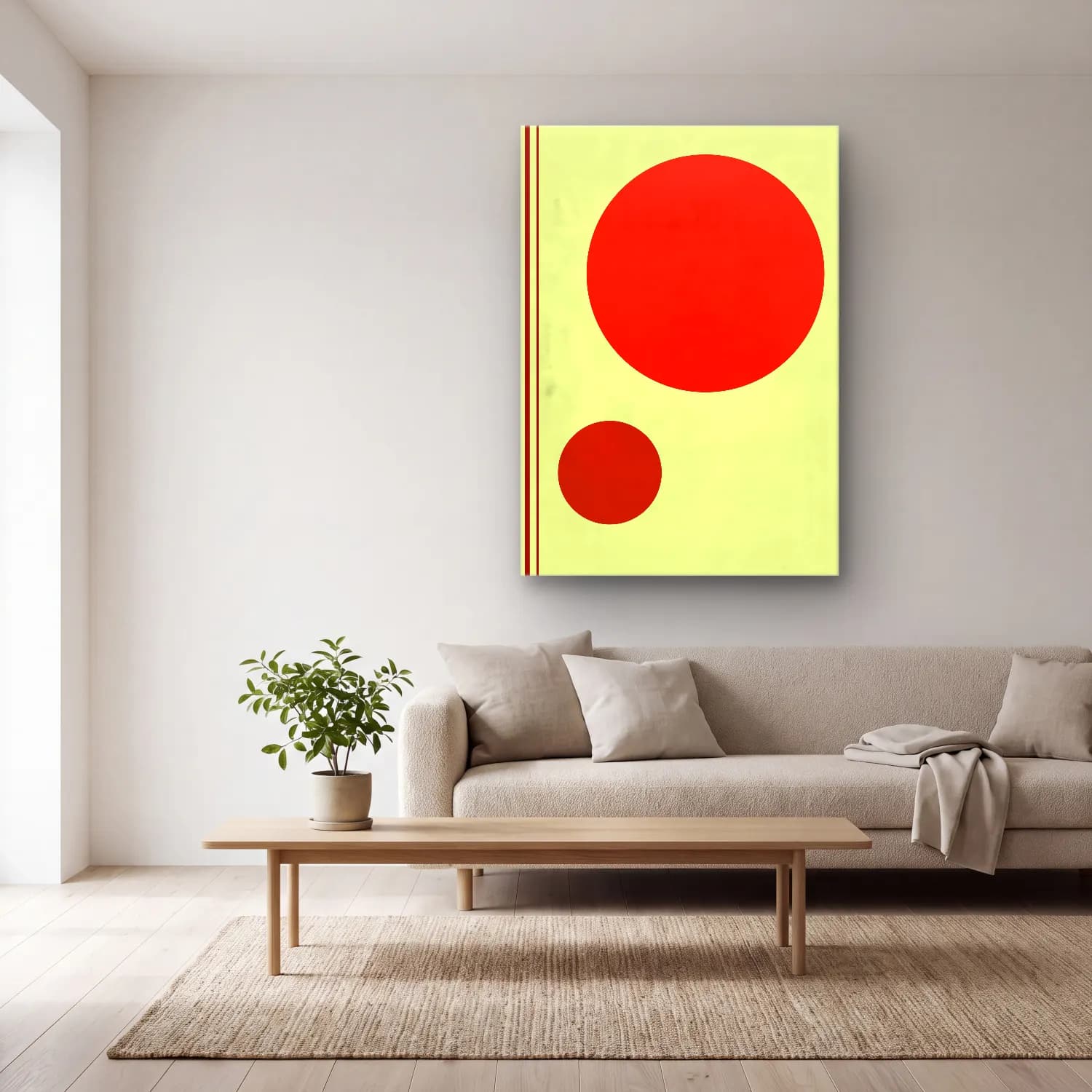 Bauhaus Geometrik Daireler – Kırmızı Tonlar cam tablo — açık renk salonda