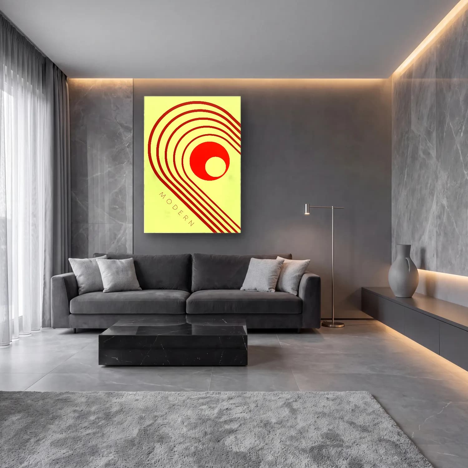 Bauhaus Geometrik Daireler No. 16 cam tablo — lüks salon duvarında
