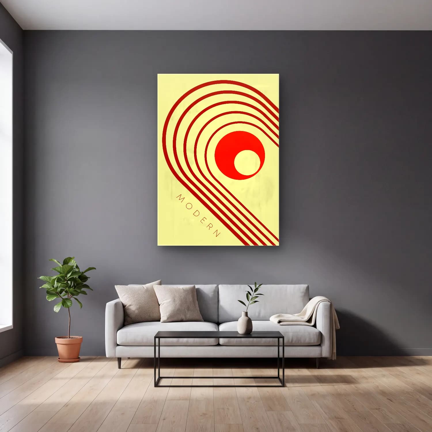 Bauhaus Geometrik Daireler No. 16 cam tablo — gri duvarlı salonda