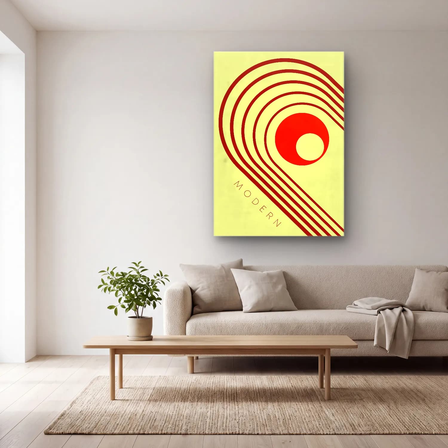 Bauhaus Geometrik Daireler No. 16 cam tablo — açık renk salonda