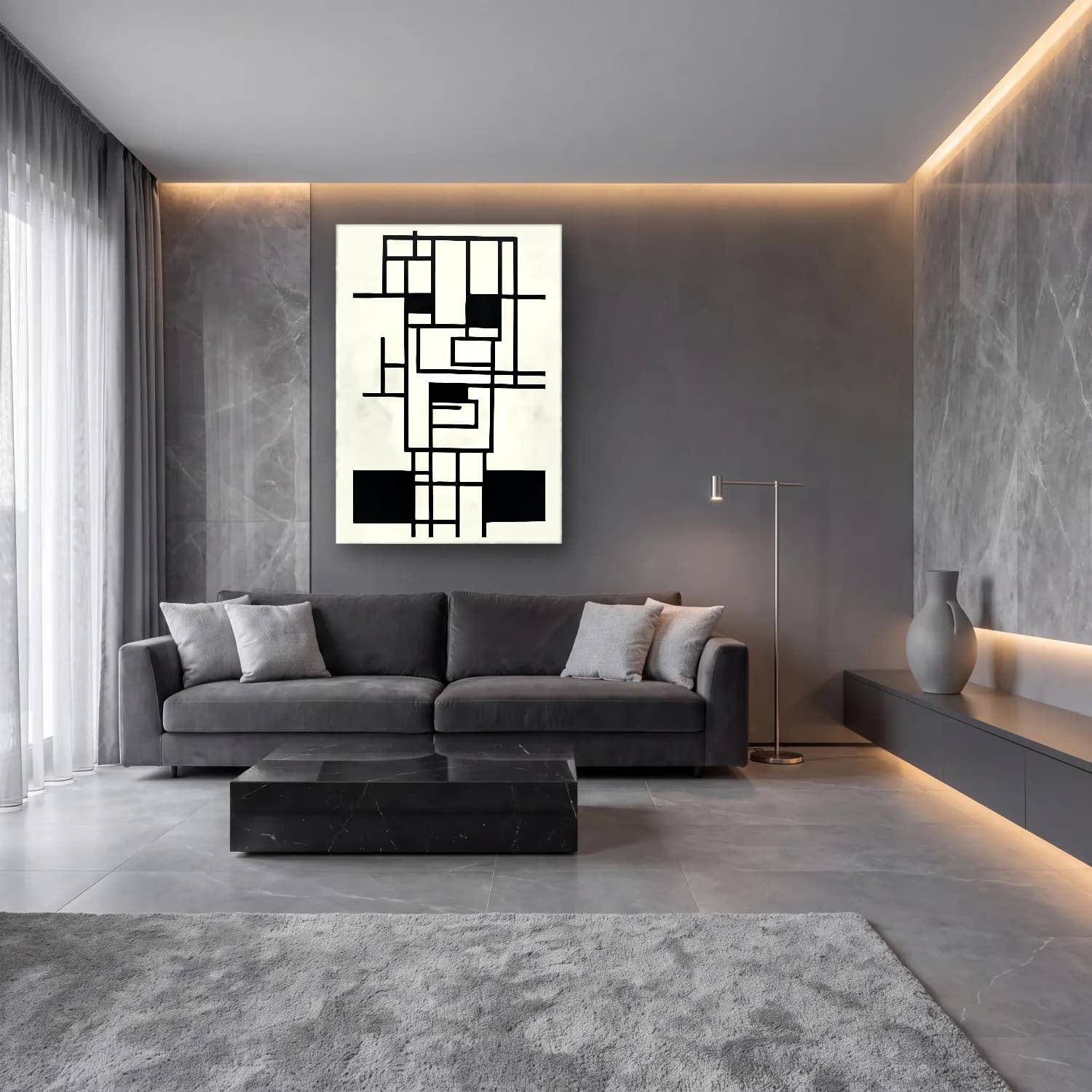 Çizgi Sanatı Soyut Yüz cam tablo — lüks salon duvarında