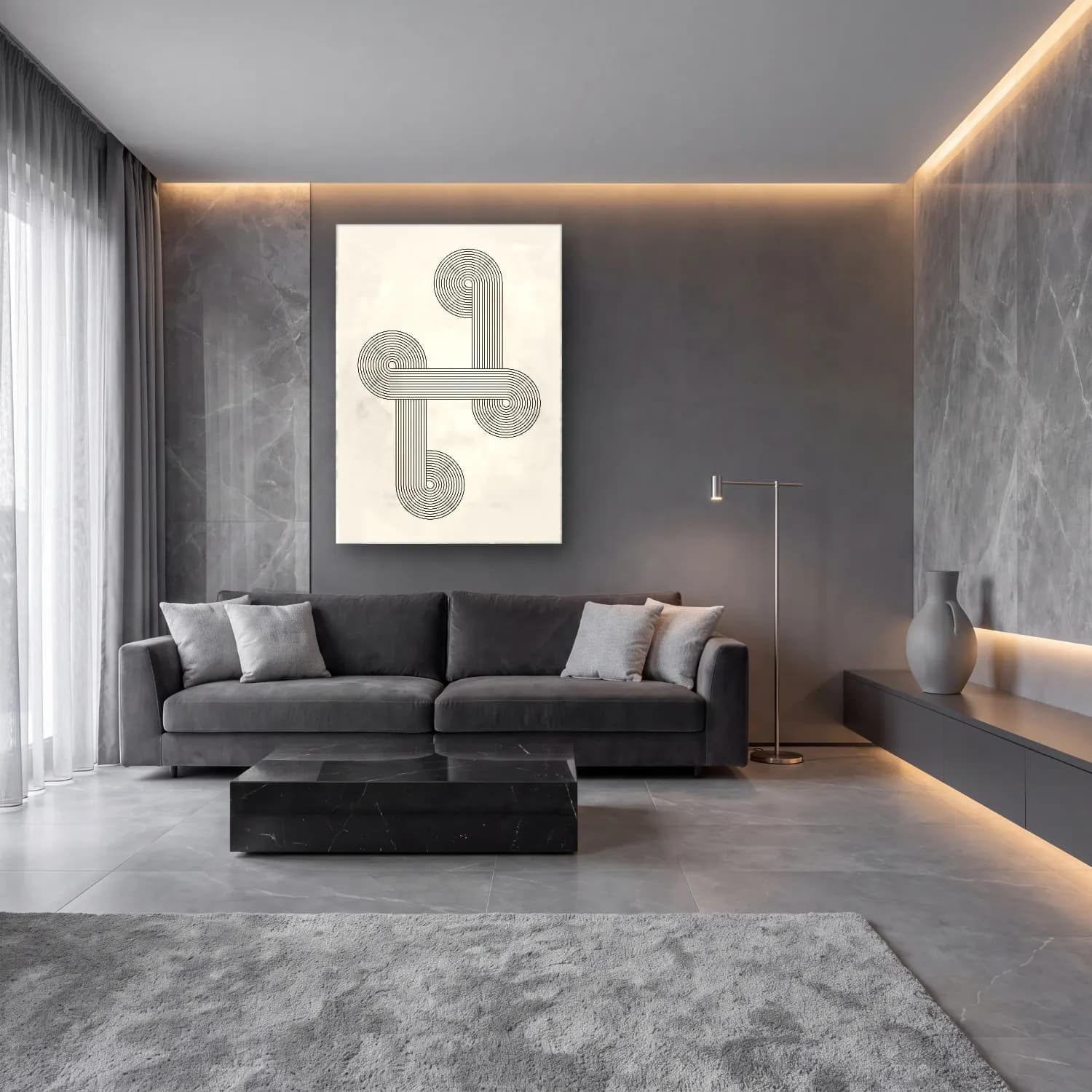 Çizgi Sanatı Geometrik Daireler No. 8 cam tablo — lüks salon duvarında