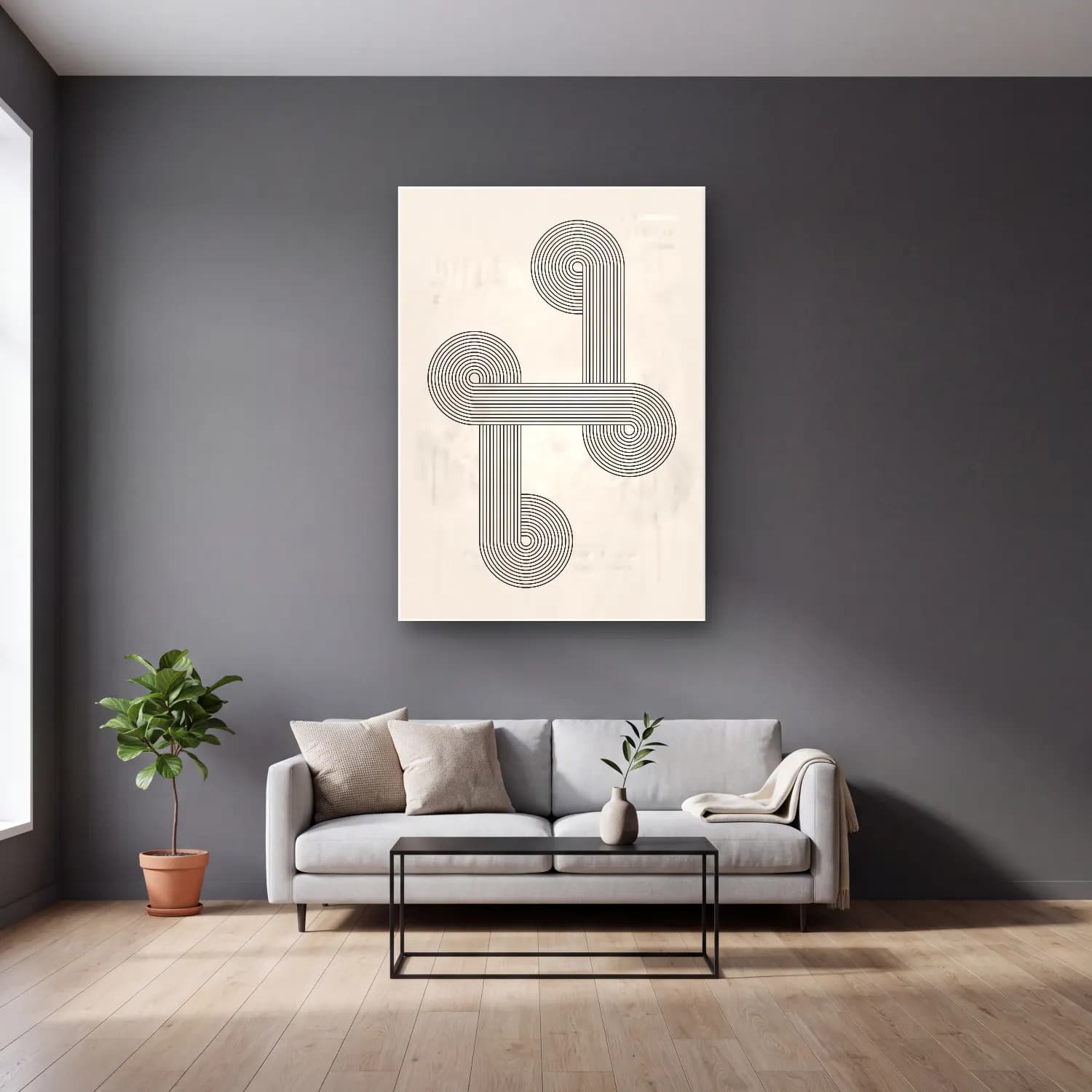 Çizgi Sanatı Geometrik Daireler No. 8 cam tablo — gri duvarlı salonda