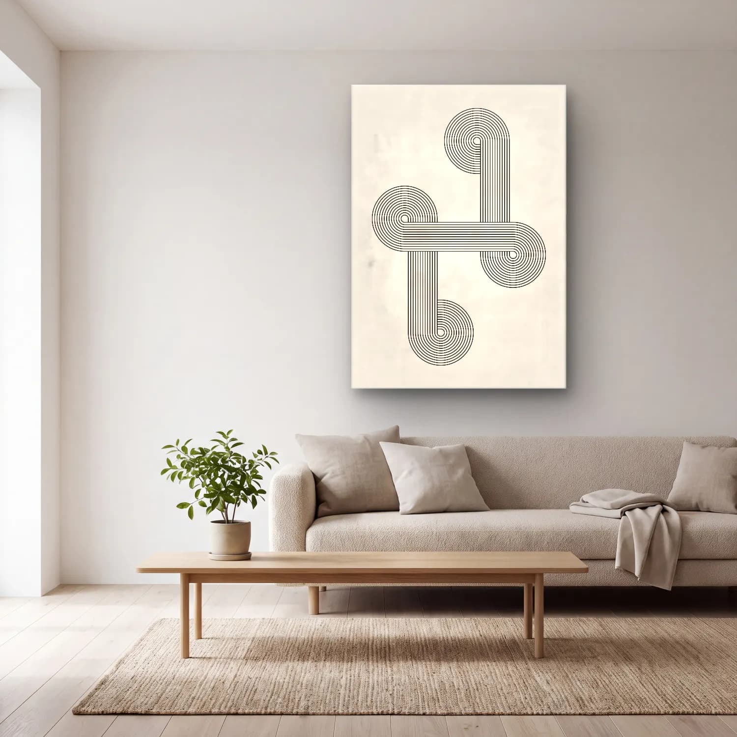 Çizgi Sanatı Geometrik Daireler No. 8 cam tablo — açık renk salonda