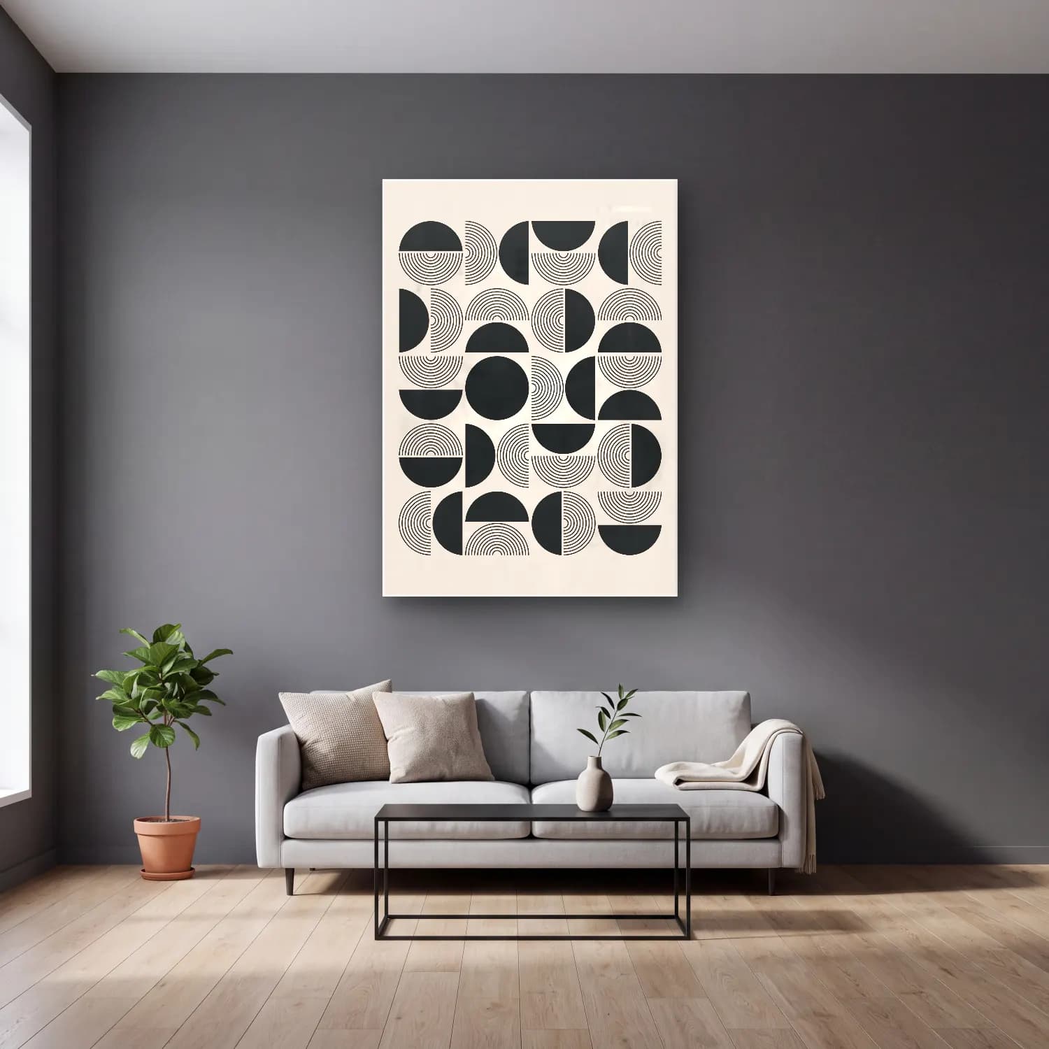 Bauhaus Geometrik Daireler No. 17 cam tablo — gri duvarlı salonda