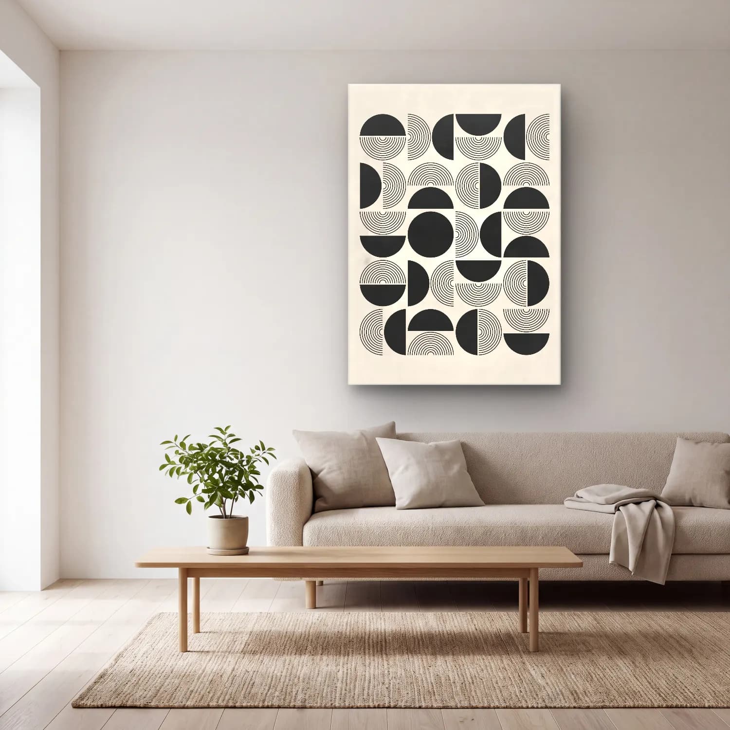 Bauhaus Geometrik Daireler No. 17 cam tablo — açık renk salonda