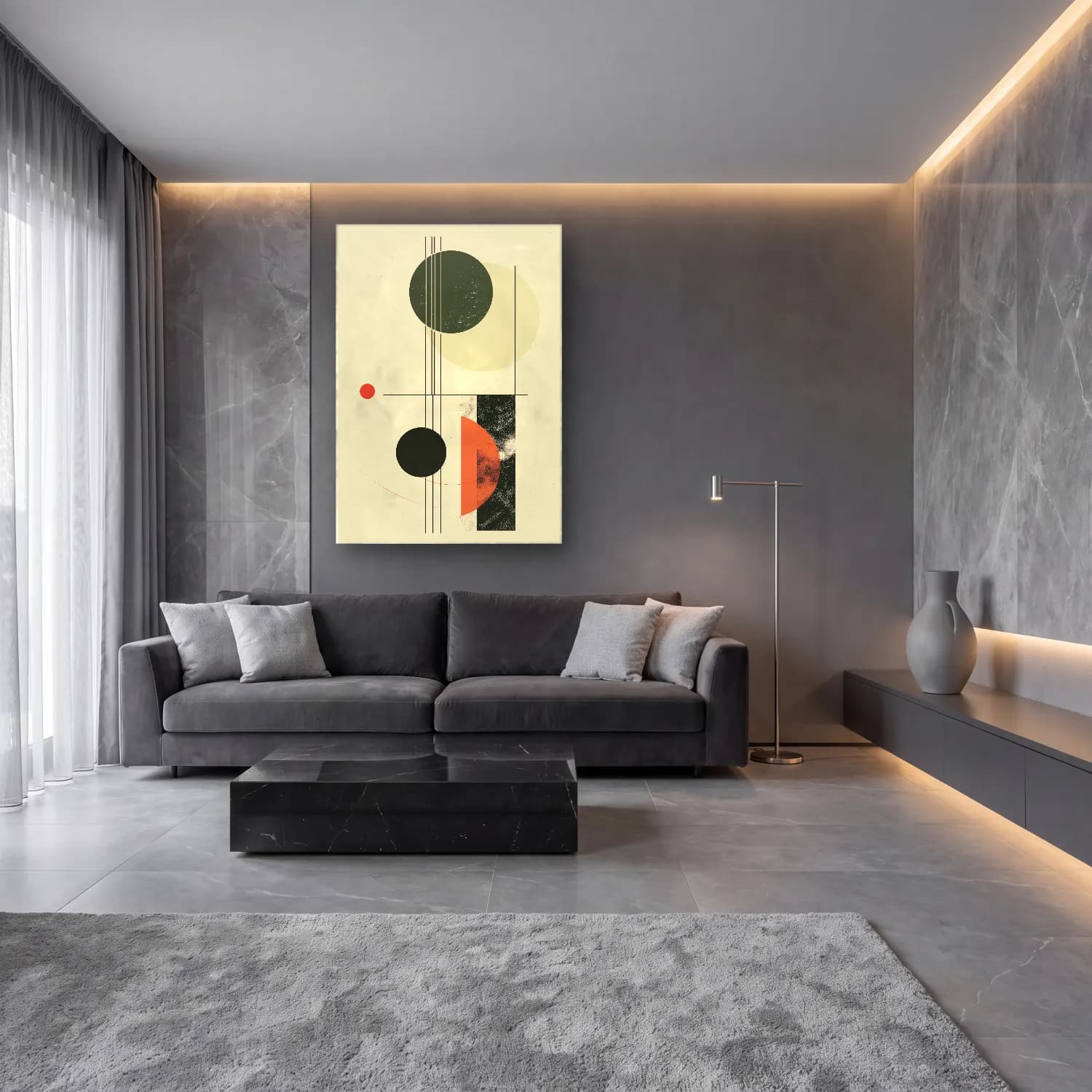 Bauhaus Geometrik Daireler No. 18 cam tablo — lüks salon duvarında