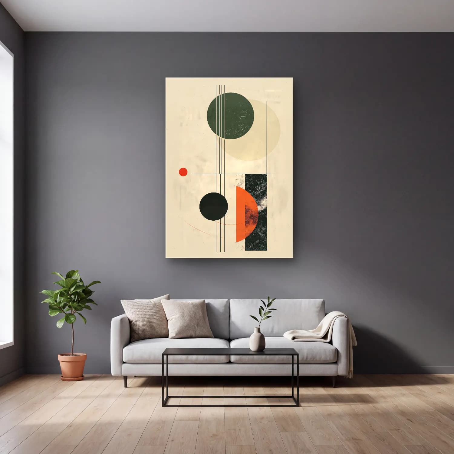 Bauhaus Geometrik Daireler No. 18 cam tablo — gri duvarlı salonda