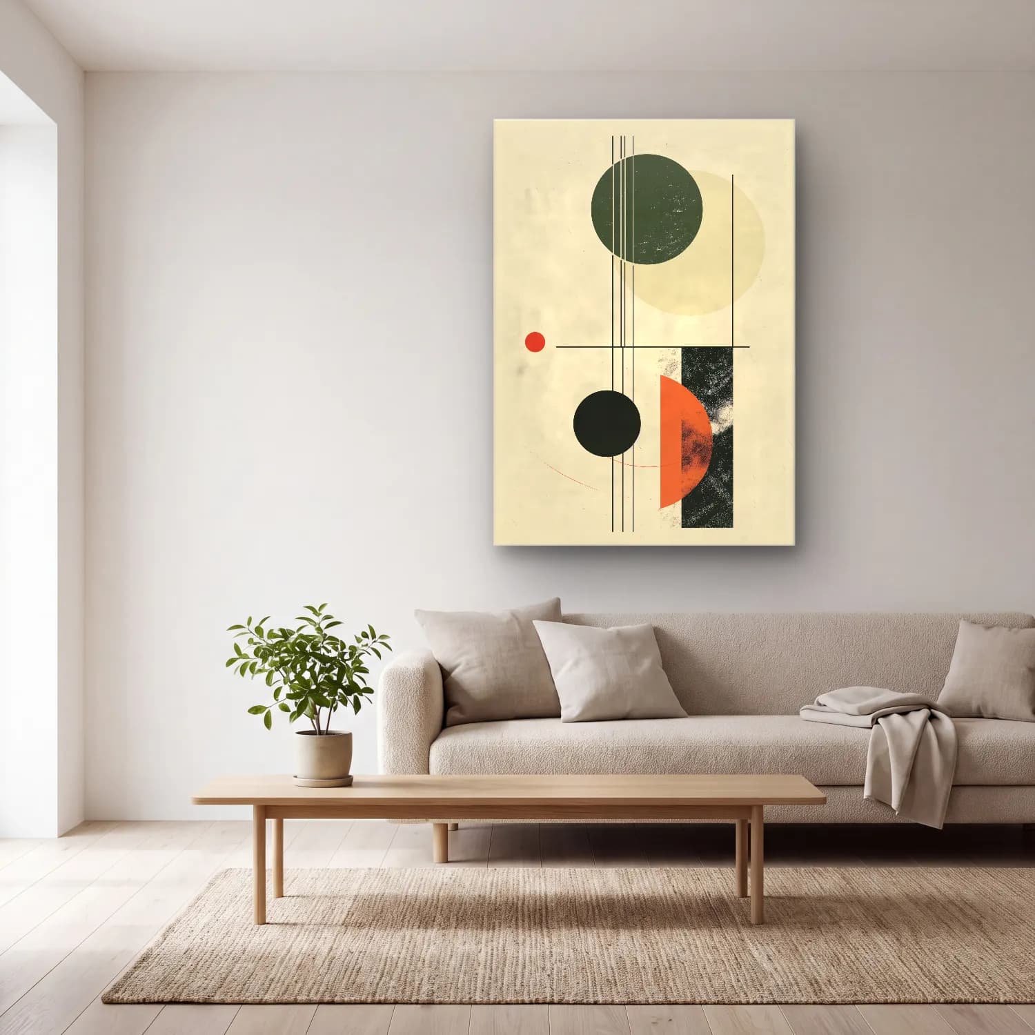 Bauhaus Geometrik Daireler No. 18 cam tablo — açık renk salonda