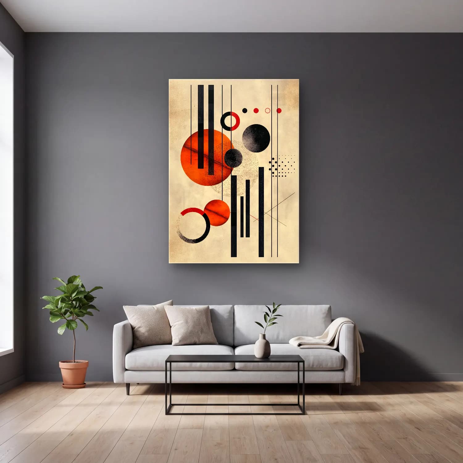 Bauhaus Geometrik Daireler No. 19 cam tablo — gri duvarlı salonda