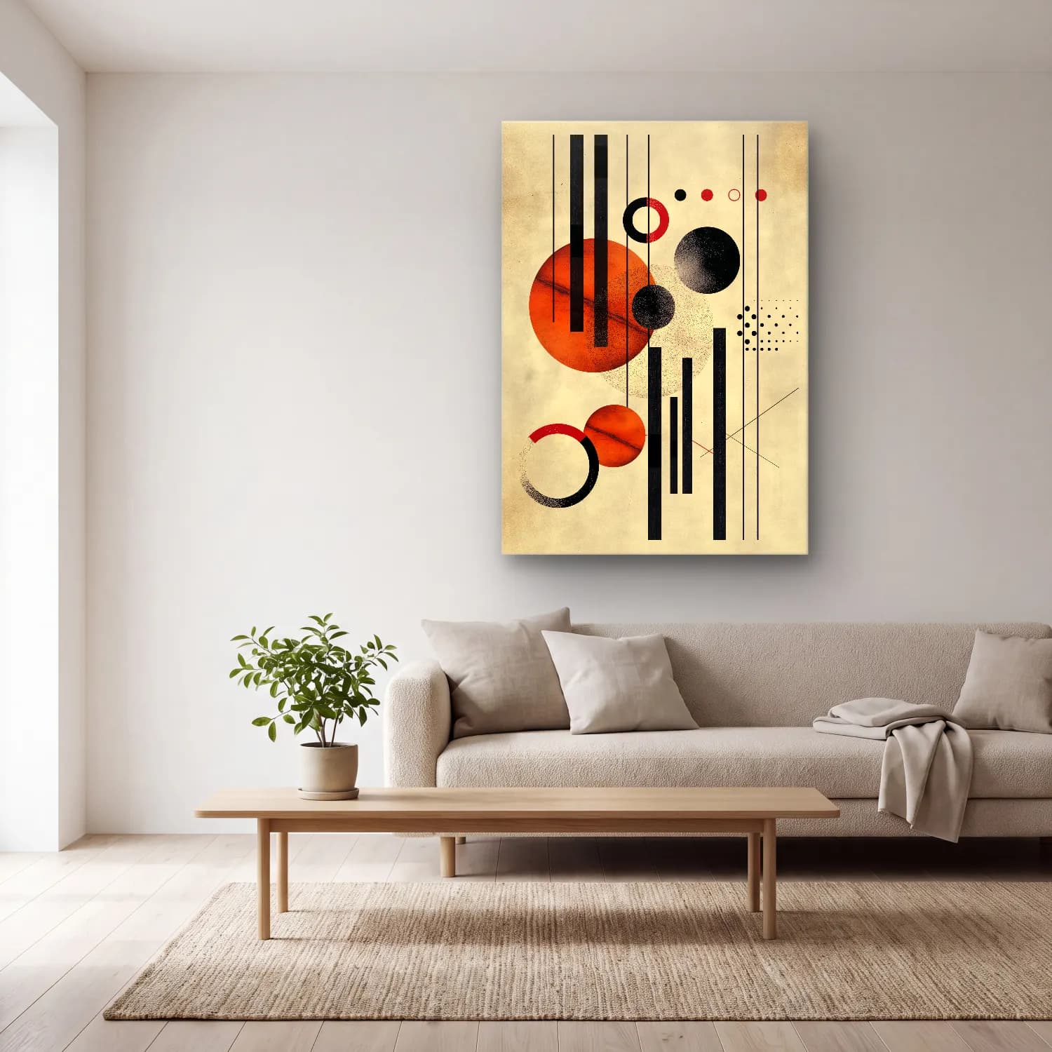 Bauhaus Geometrik Daireler No. 19 cam tablo — açık renk salonda