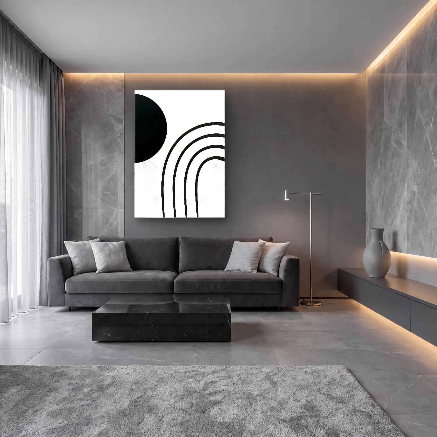 Çizgi Sanatı Güneş ve Gökkuşağı cam tablo — lüks salon duvarında