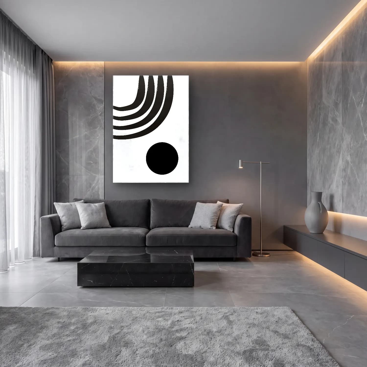 Siyah Beyaz Geometrik Daireler – Siyah Beyaz Tonlar cam tablo — lüks salon duvarında