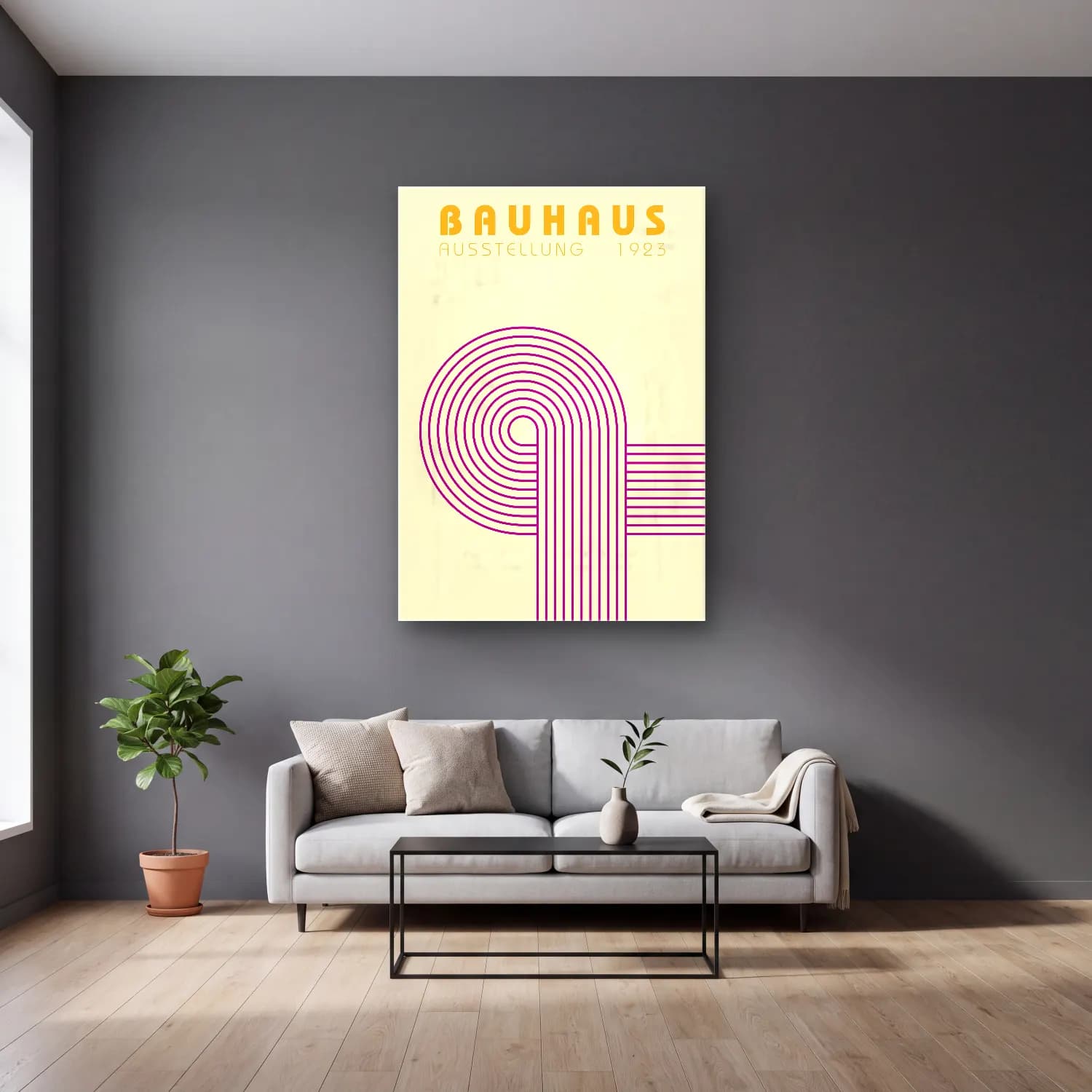 Bauhaus Plak – Pembe Tonlar cam tablo — gri duvarlı salonda