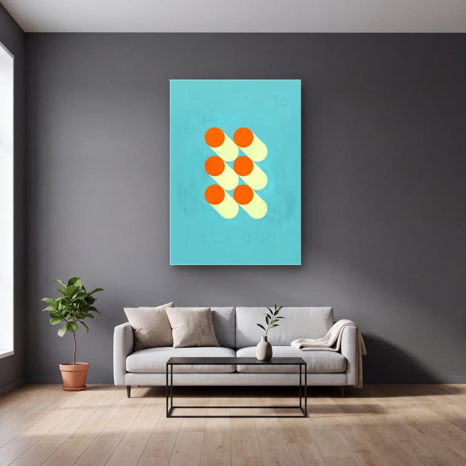 Retro Geometrik Daireler No. 9 cam tablo — gri duvarlı salonda
