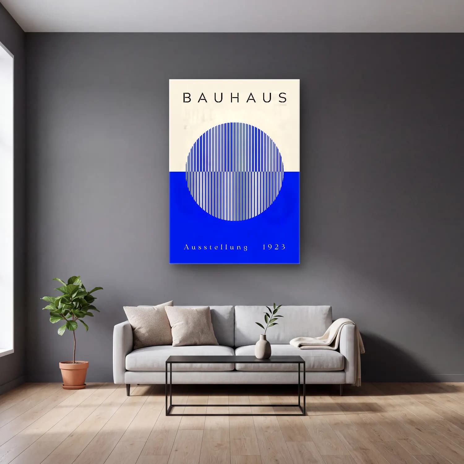Bauhaus Geometrik Daireler No. 29 cam tablo — gri duvarlı salonda