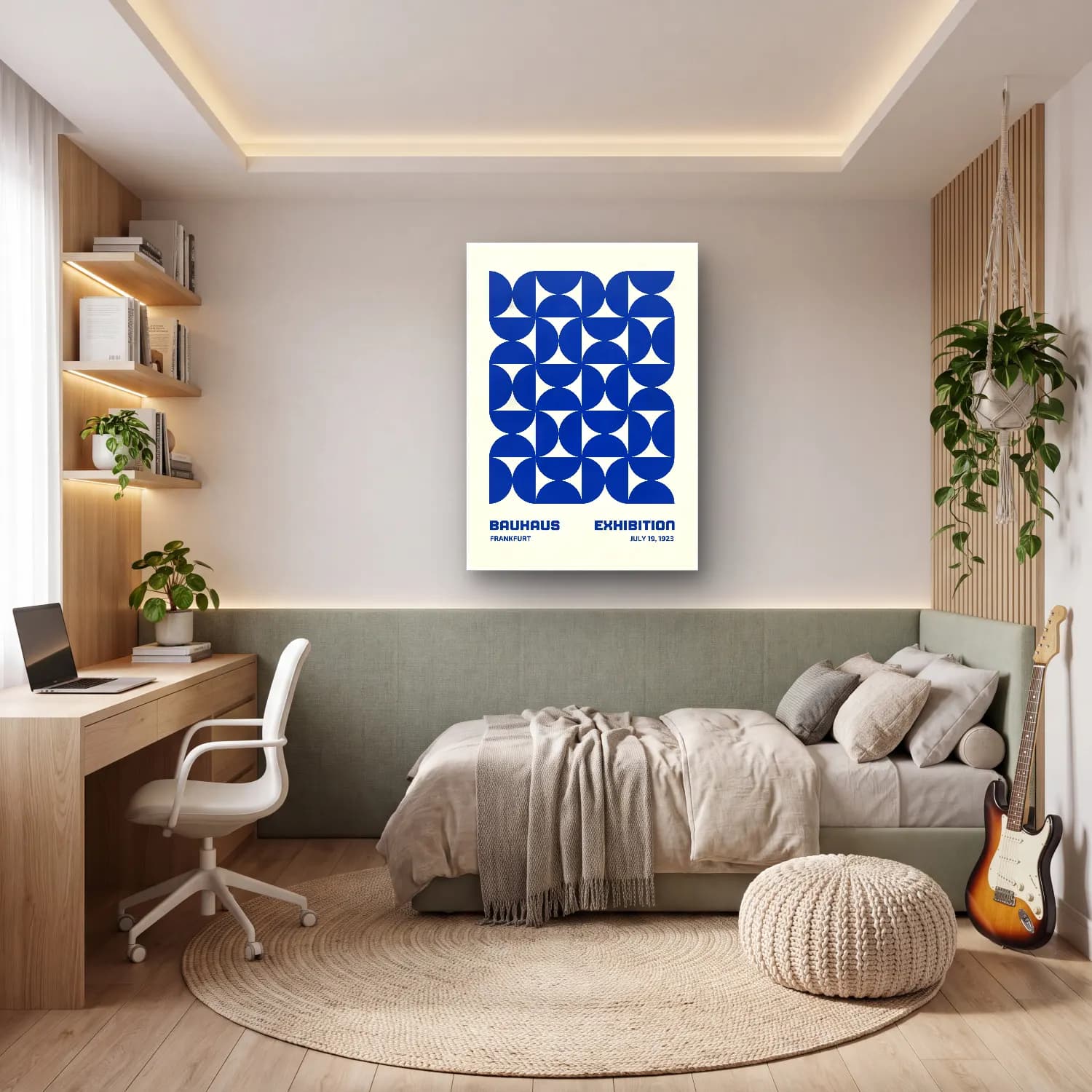 Bauhaus Yazılı Tasarım – Mavi Tonlar cam tablo — genç odasında