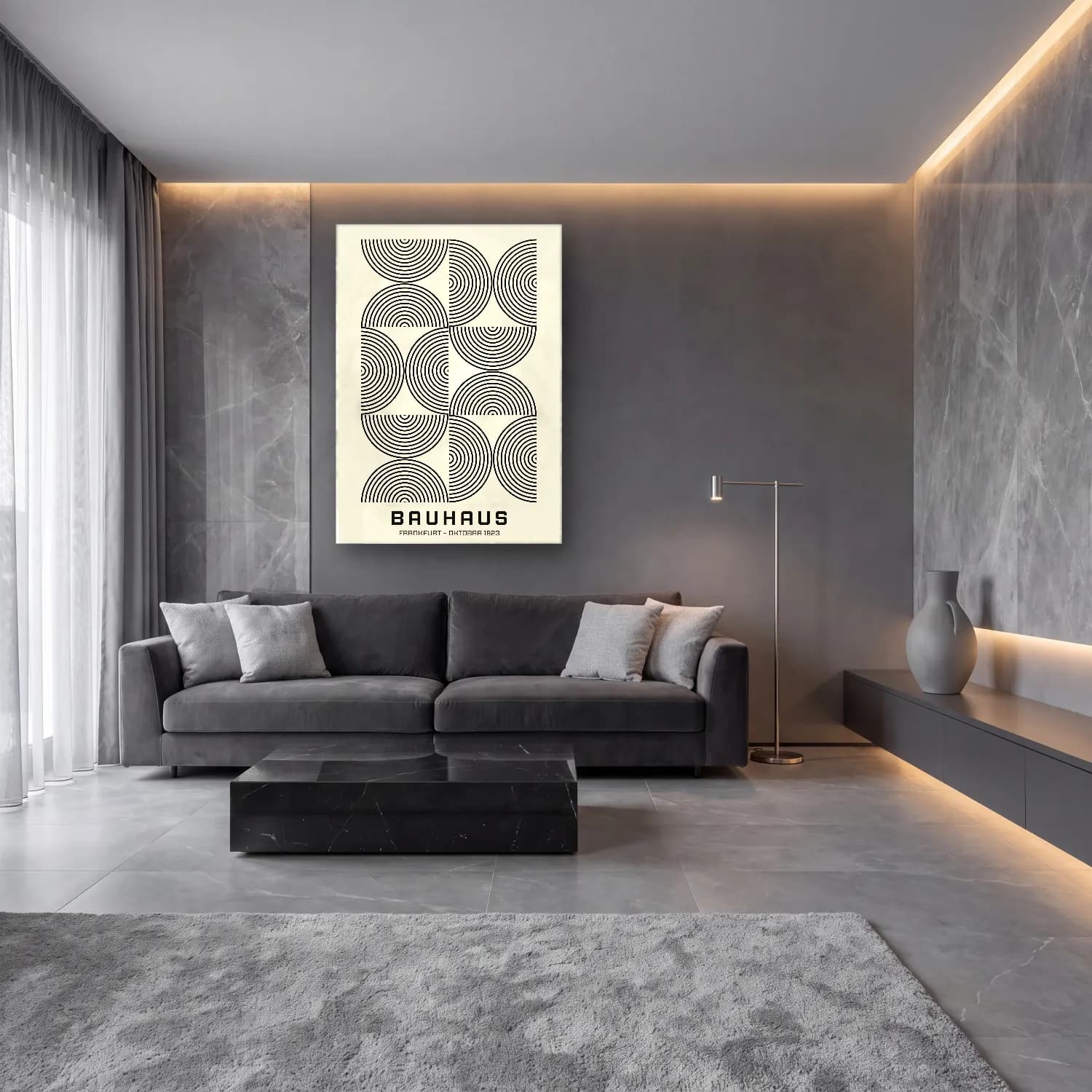 Retro Geometrik Daireler – Siyah Beyaz Tonlar cam tablo — lüks salon duvarında
