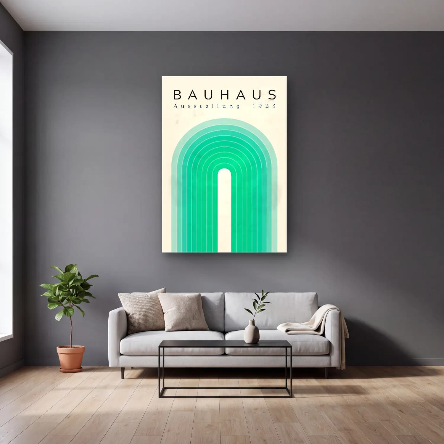 Bauhaus Soyut Kemer – Turkuaz Tonlar cam tablo — gri duvarlı salonda