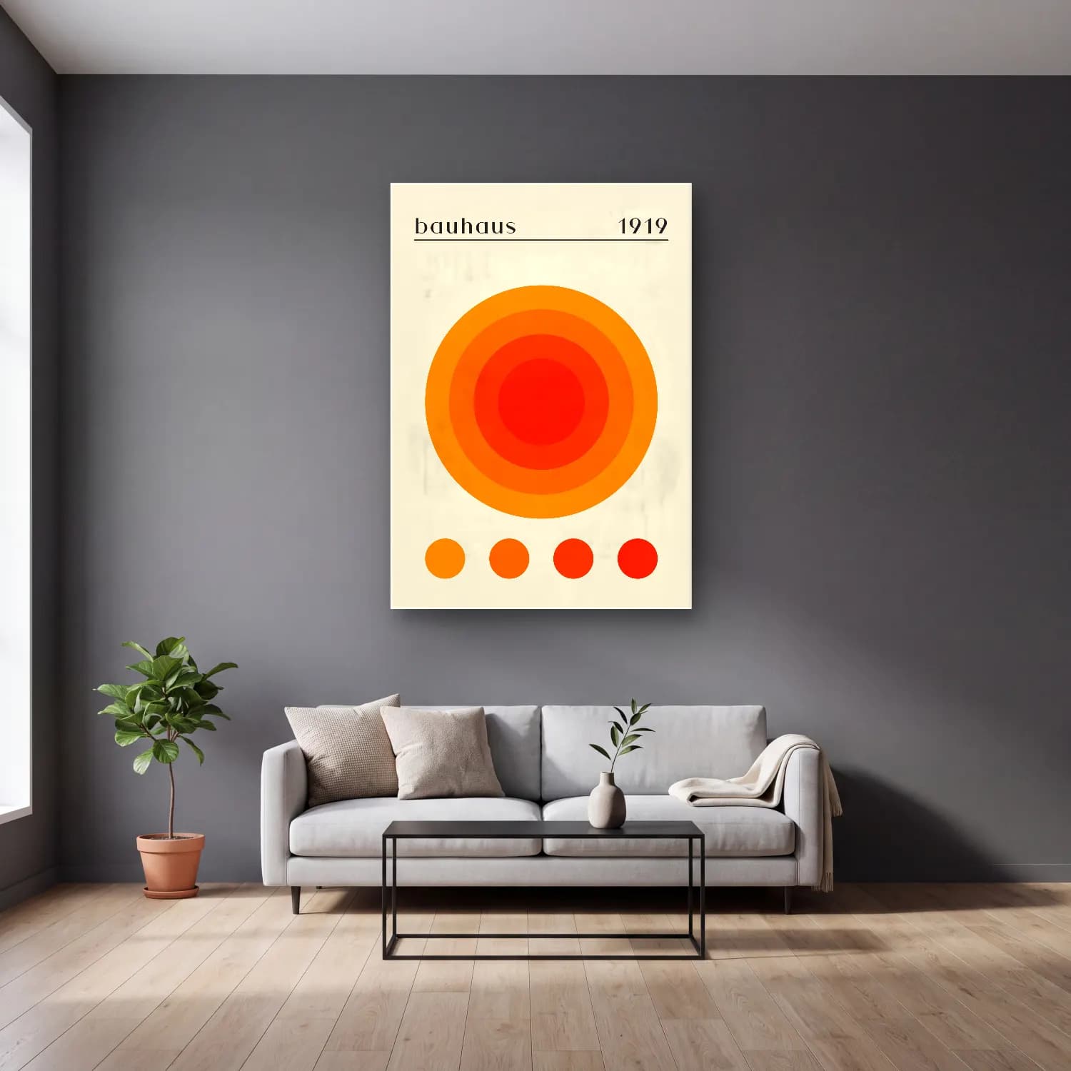 Retro Geometrik Daireler No. 12 cam tablo — gri duvarlı salonda