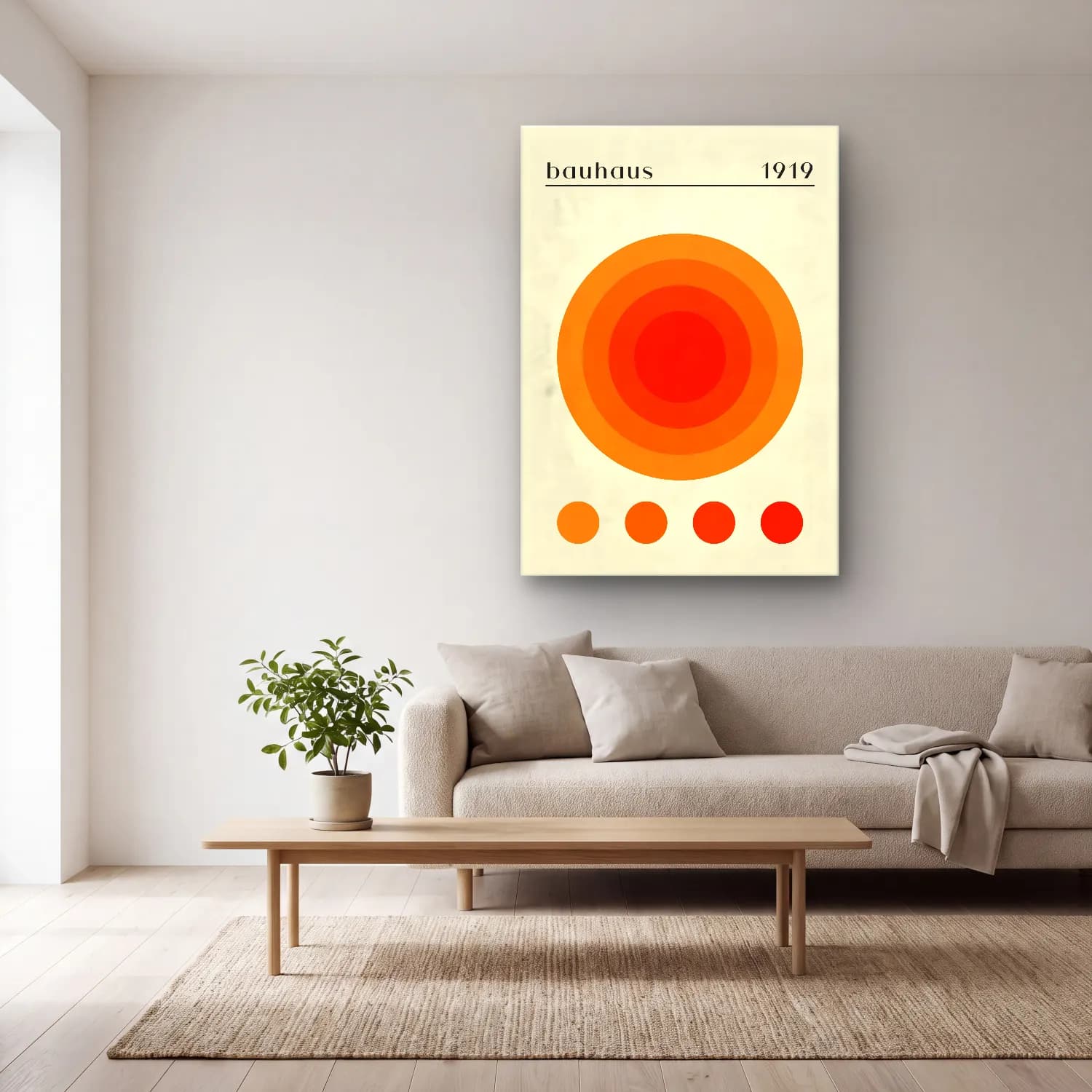 Retro Geometrik Daireler No. 12 cam tablo — açık renk salonda