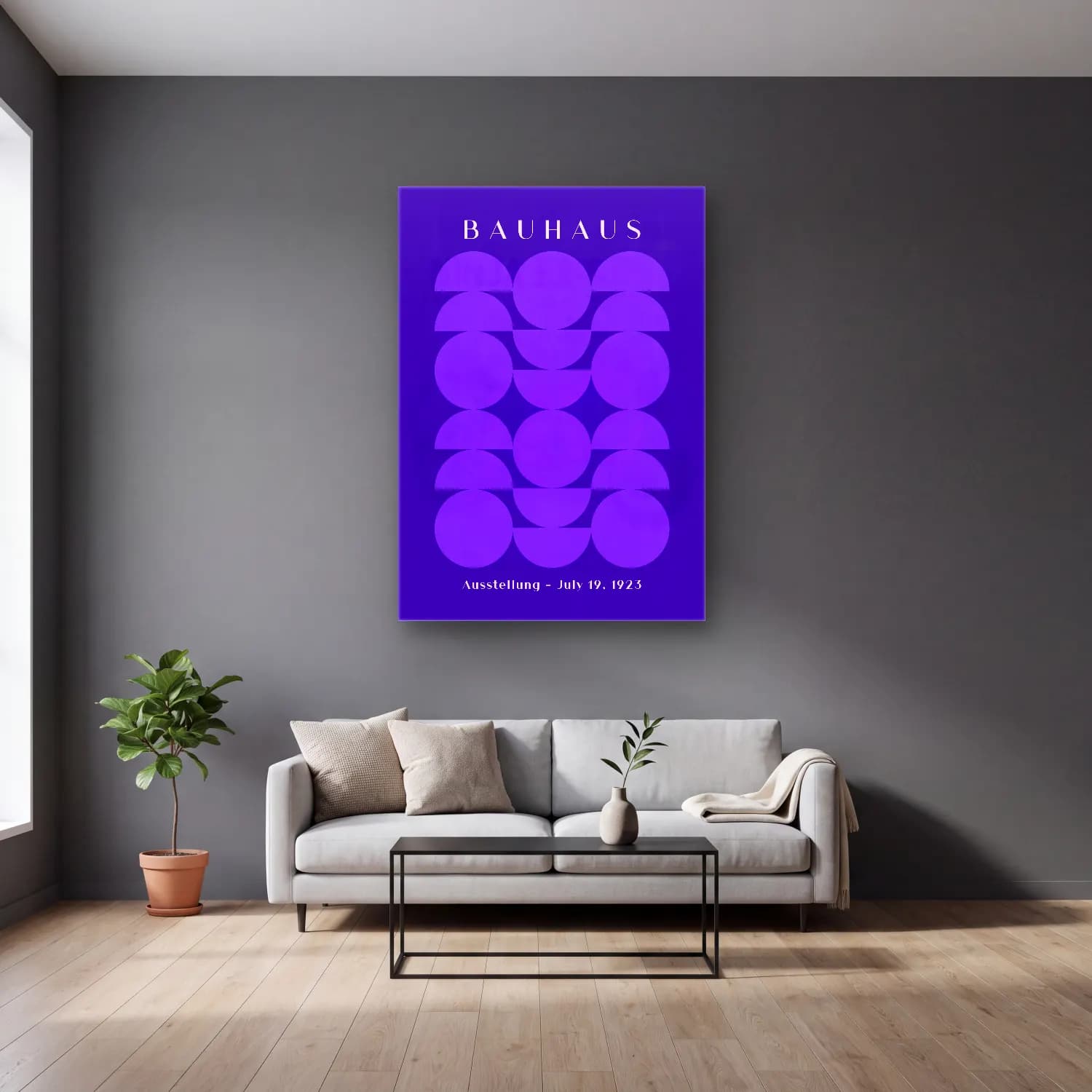 Bauhaus Geometrik Daireler No. 30 cam tablo — gri duvarlı salonda