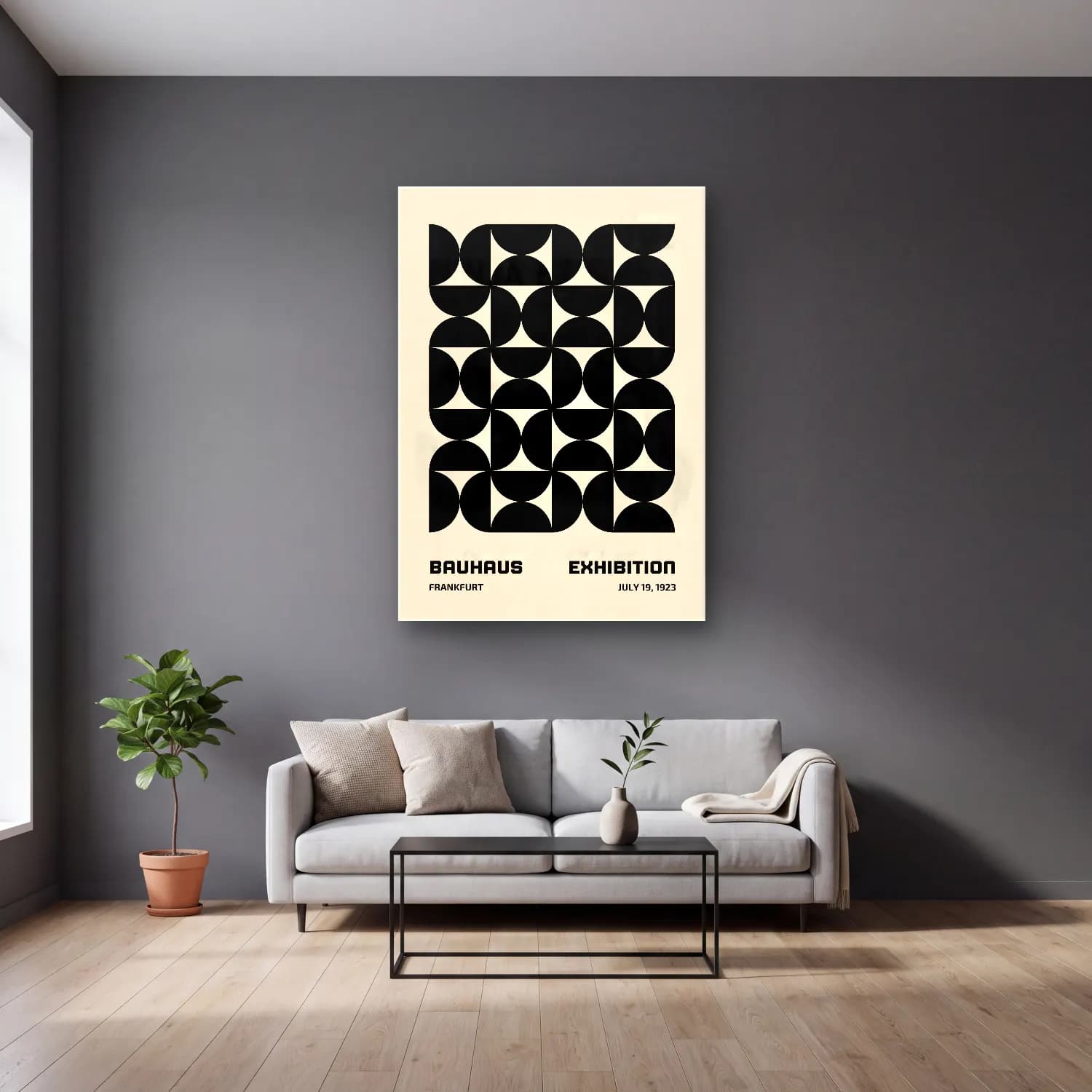 Retro Geometrik Daireler No. 13 cam tablo — gri duvarlı salonda