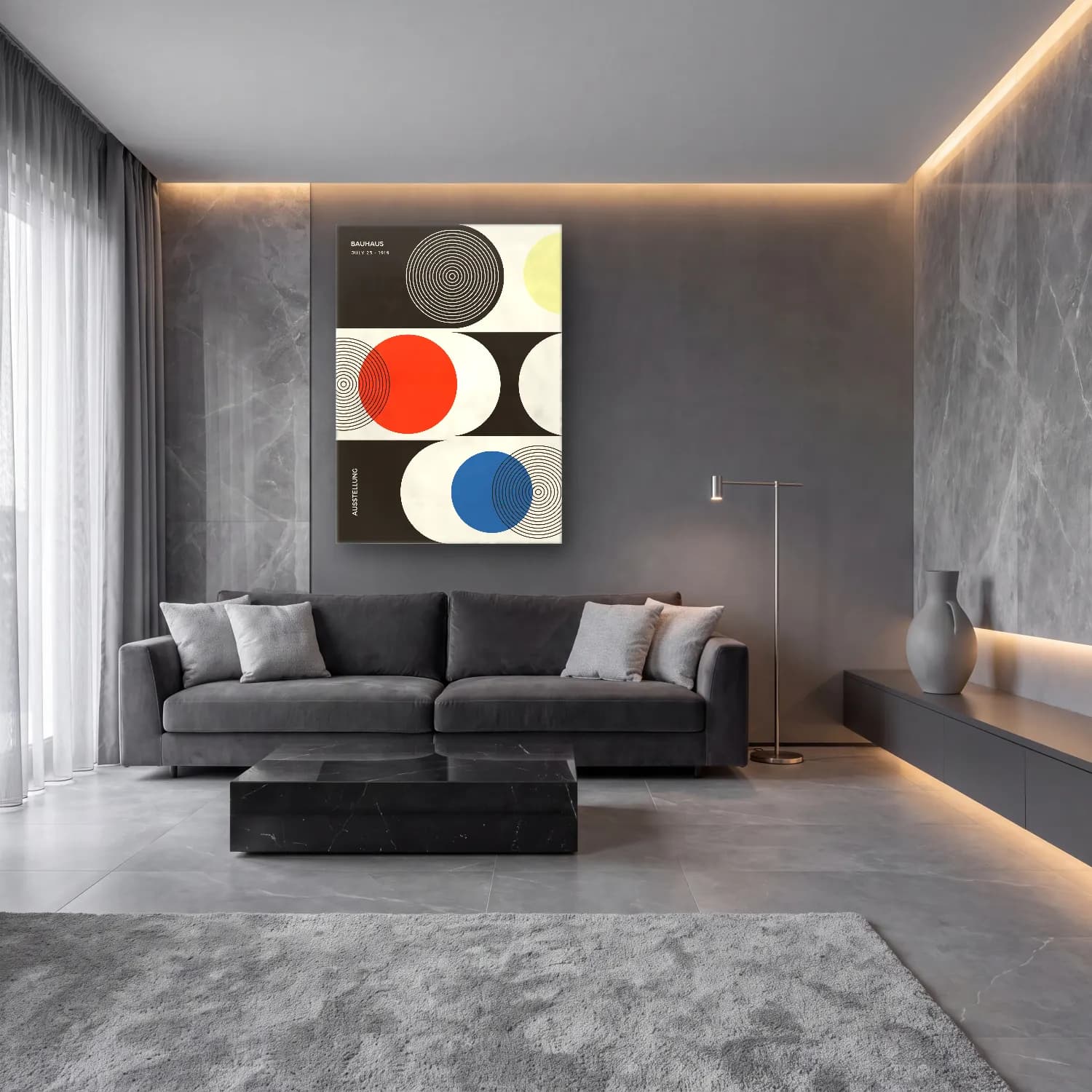 Bauhaus Geometrik Daireler No. 31 cam tablo — lüks salon duvarında
