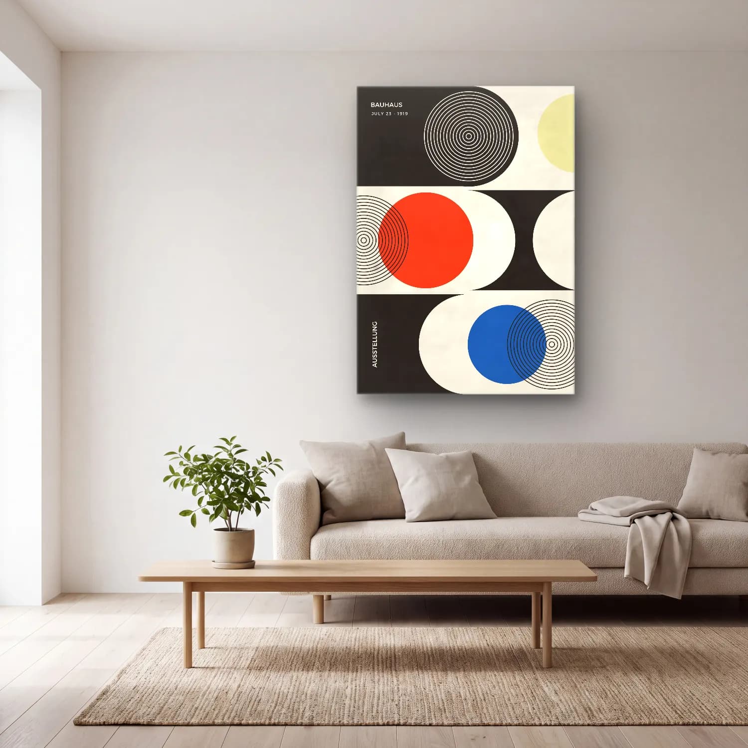 Bauhaus Geometrik Daireler No. 31 cam tablo — açık renk salonda