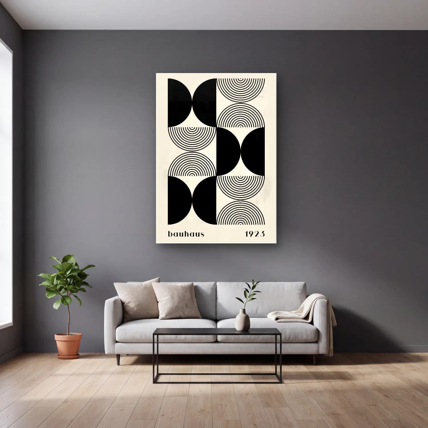 Retro Geometrik Daireler No. 14 cam tablo — gri duvarlı salonda