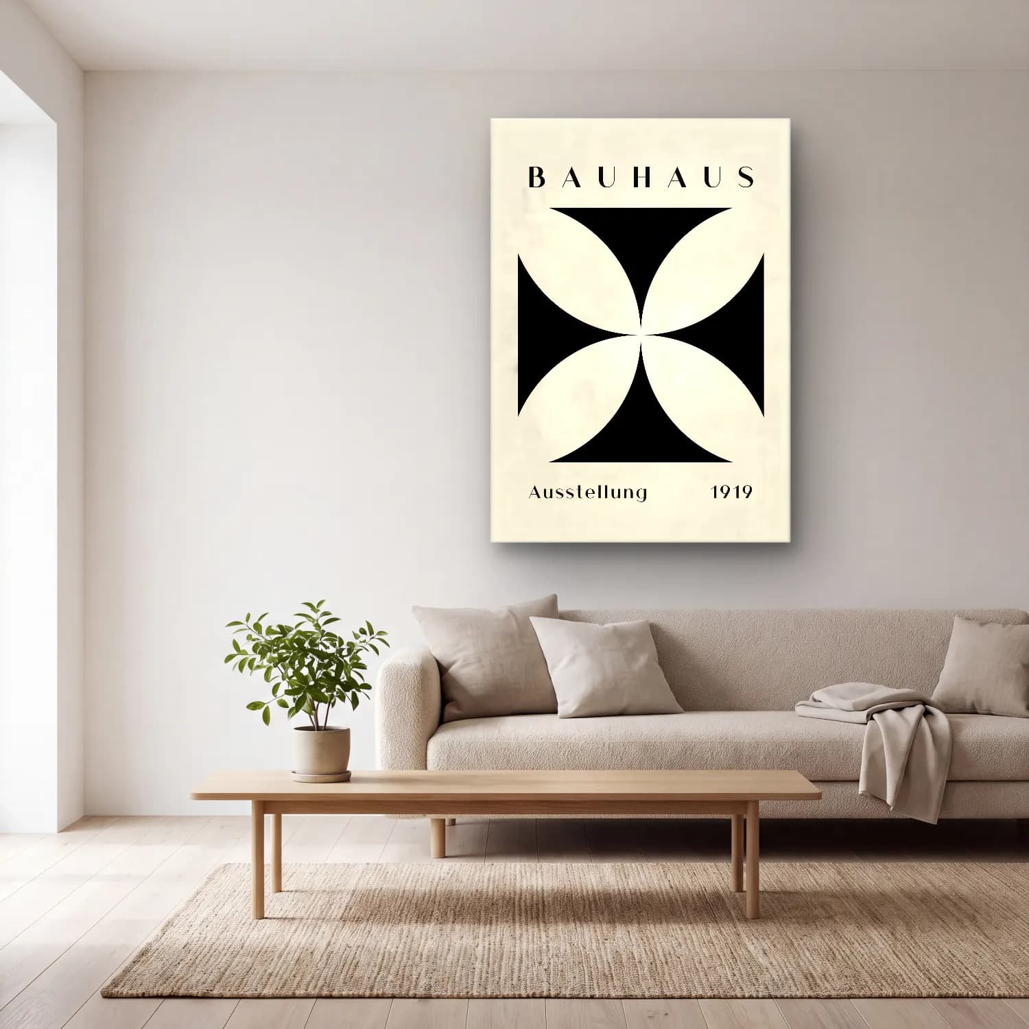 Bauhaus Geometrik Daireler No. 32 cam tablo — açık renk salonda