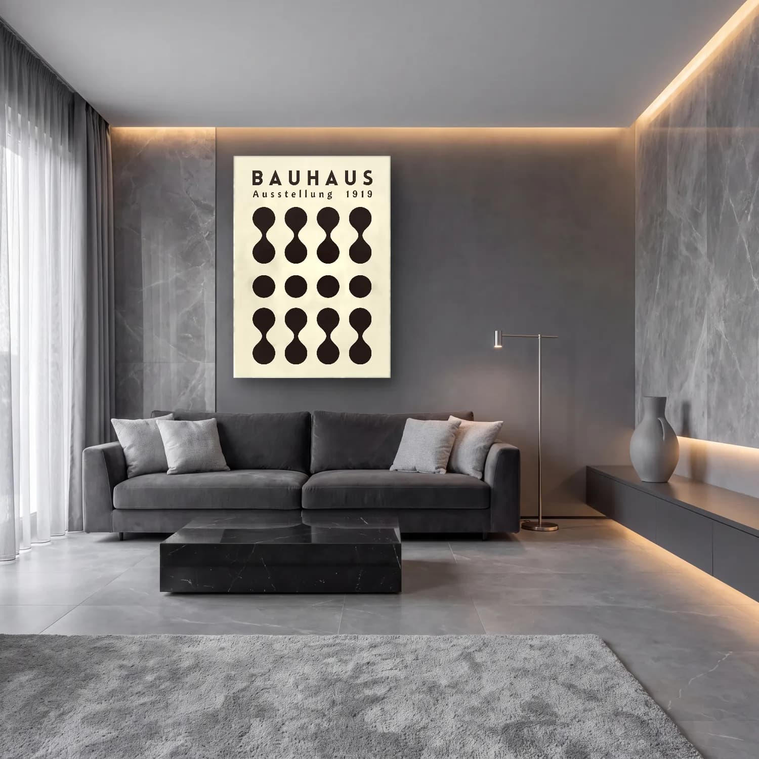 Bauhaus Soyut Formlar – Siyah Beyaz Tonlar cam tablo — lüks salon duvarında