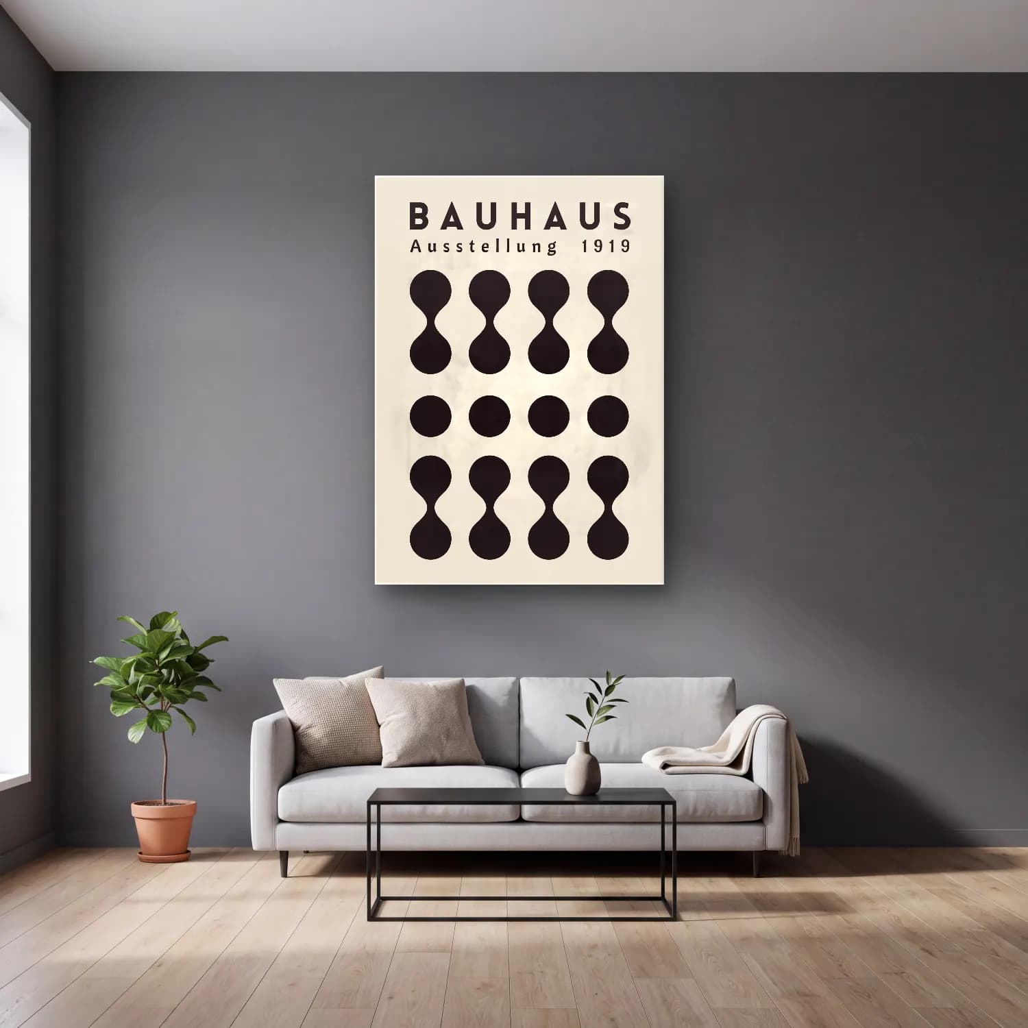 Bauhaus Soyut Formlar – Siyah Beyaz Tonlar cam tablo — gri duvarlı salonda