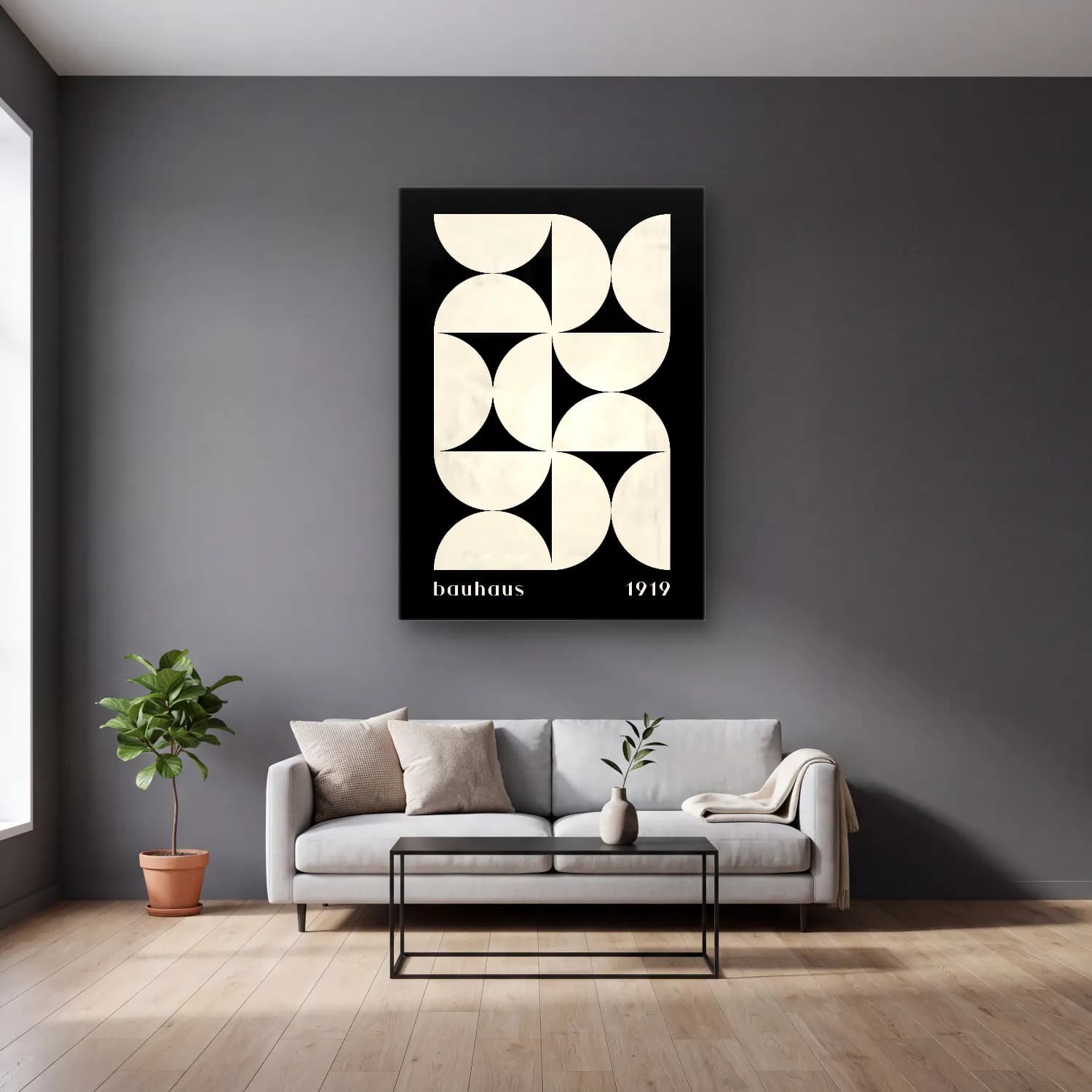Retro Geometrik Daireler No. 16 cam tablo — gri duvarlı salonda