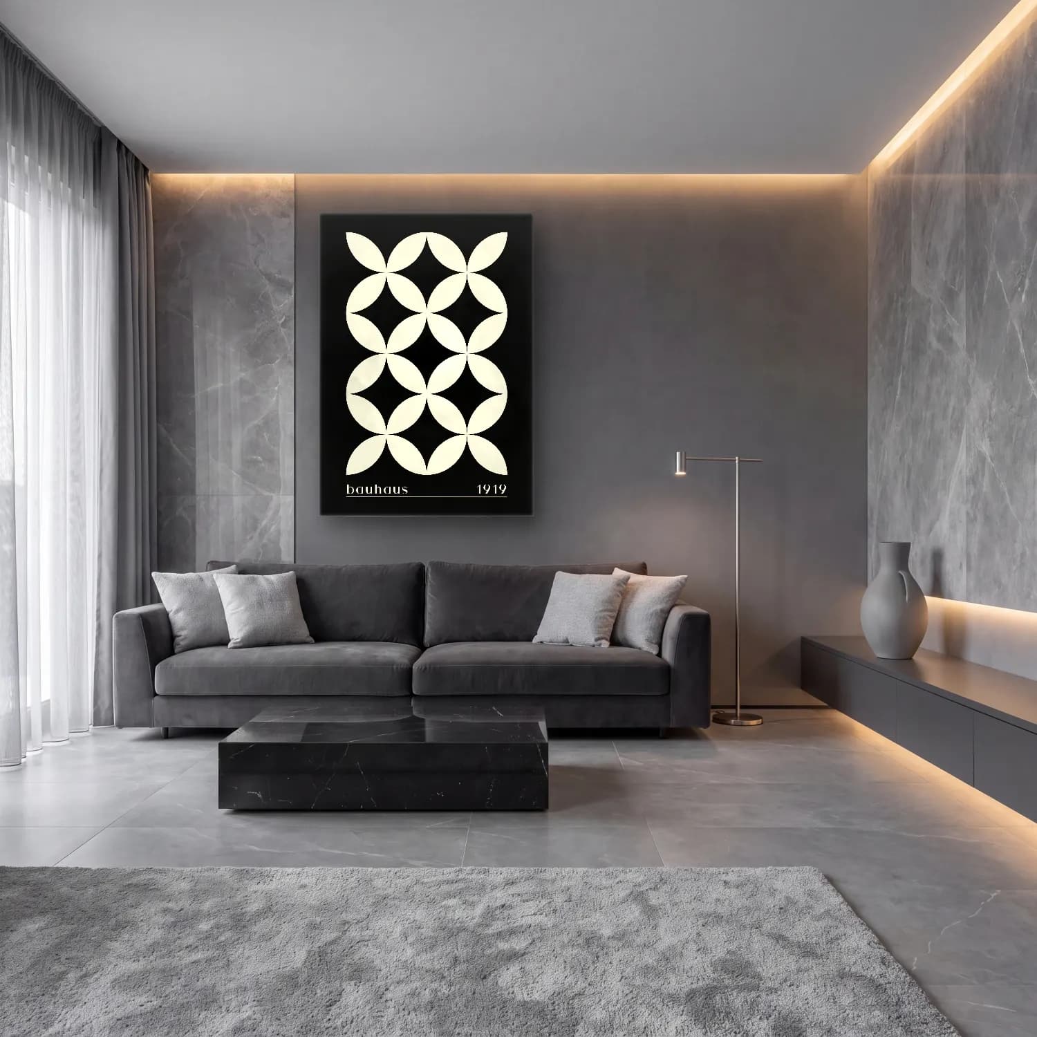 Siyah Beyaz Çiçek Deseni No. 4 cam tablo — lüks salon duvarında