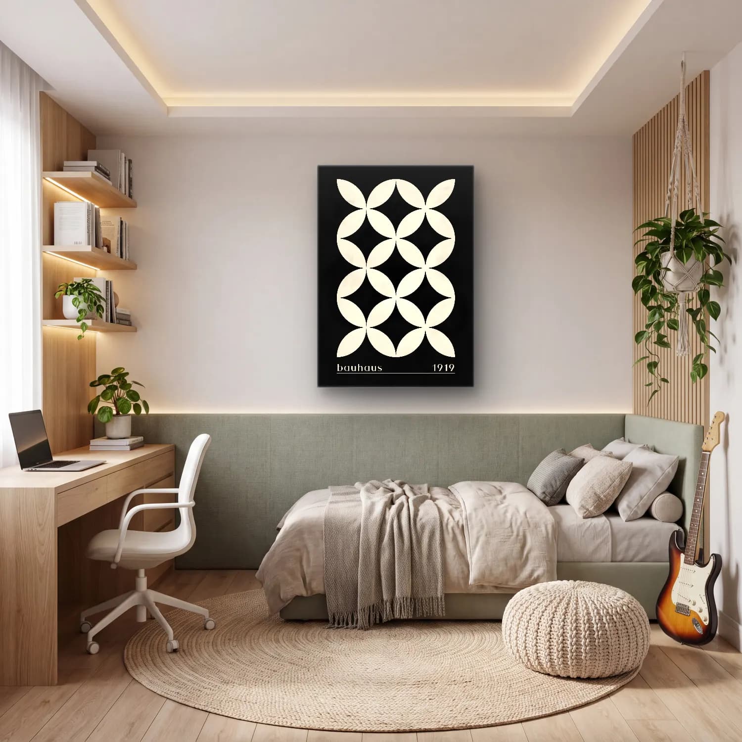 Siyah Beyaz Çiçek Deseni No. 4 cam tablo — genç odasında