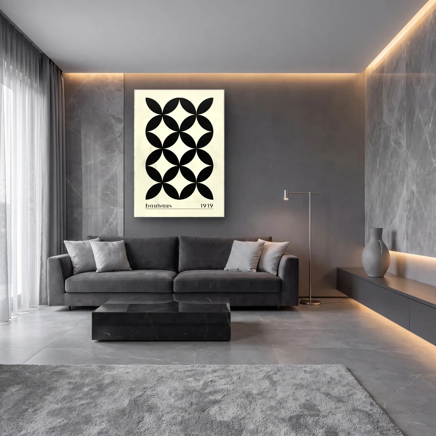 Siyah Beyaz Geometrik Daireler No. 4 cam tablo — lüks salon duvarında