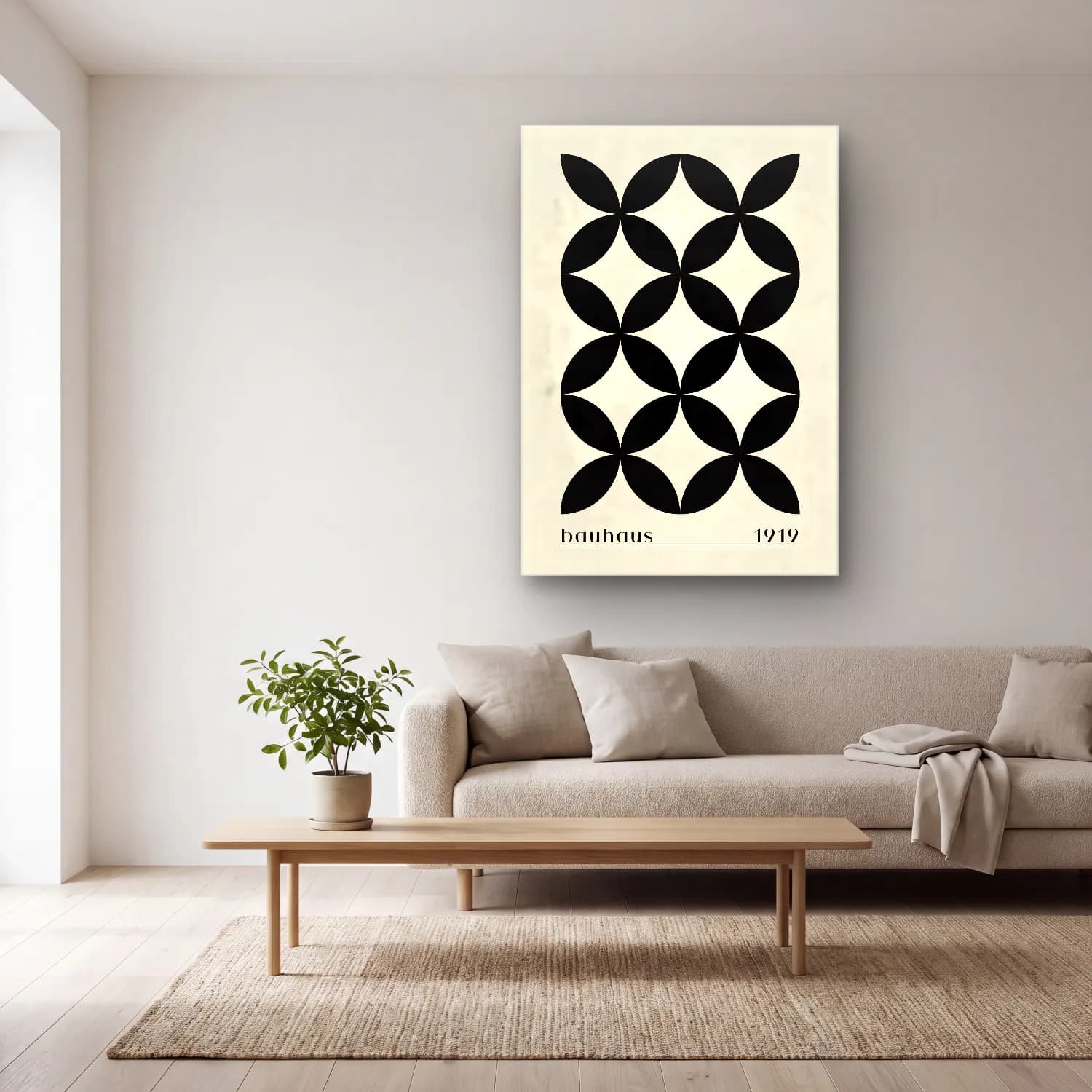 Siyah Beyaz Geometrik Daireler No. 4 cam tablo — açık renk salonda