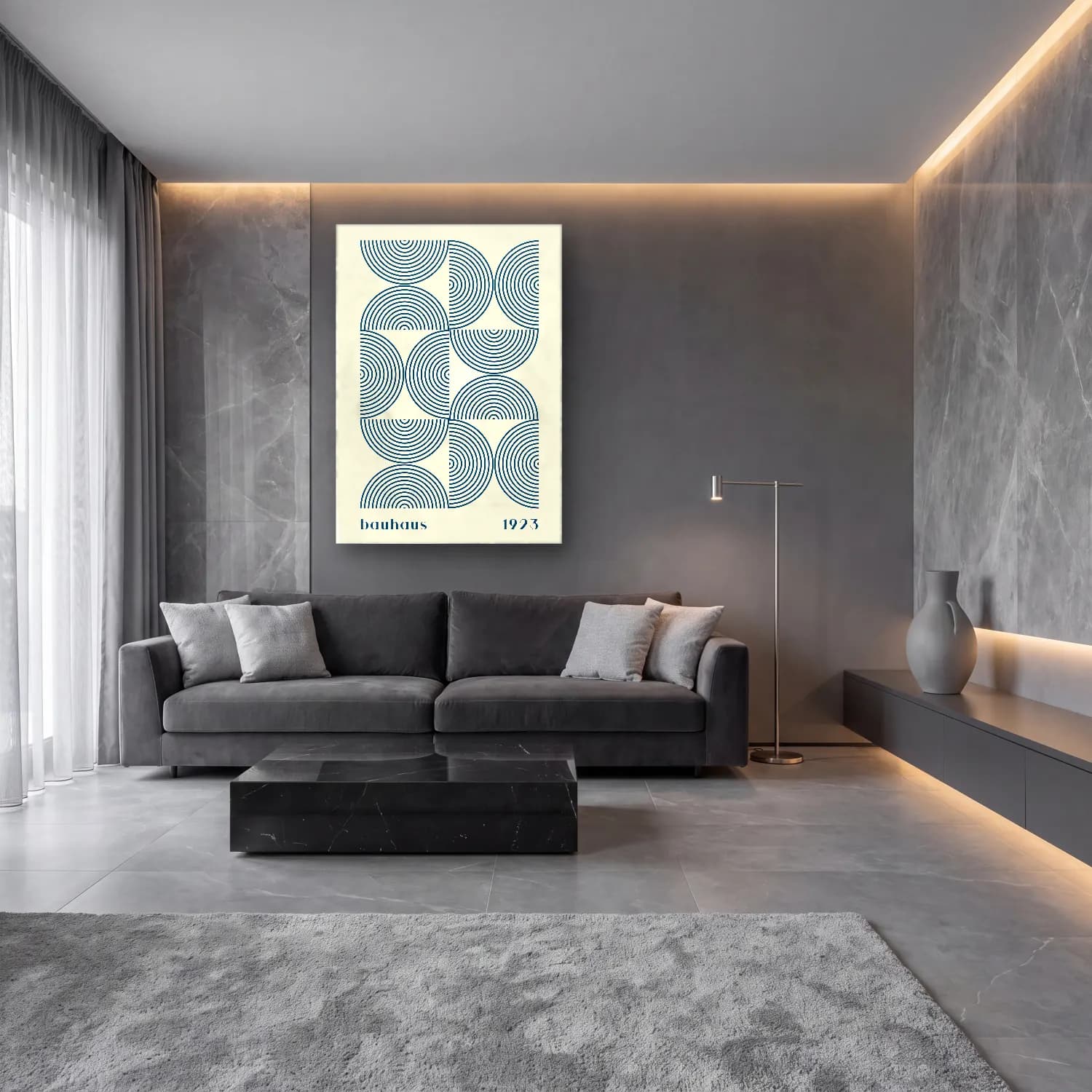 Retro Geometrik Daireler No. 18 cam tablo — lüks salon duvarında